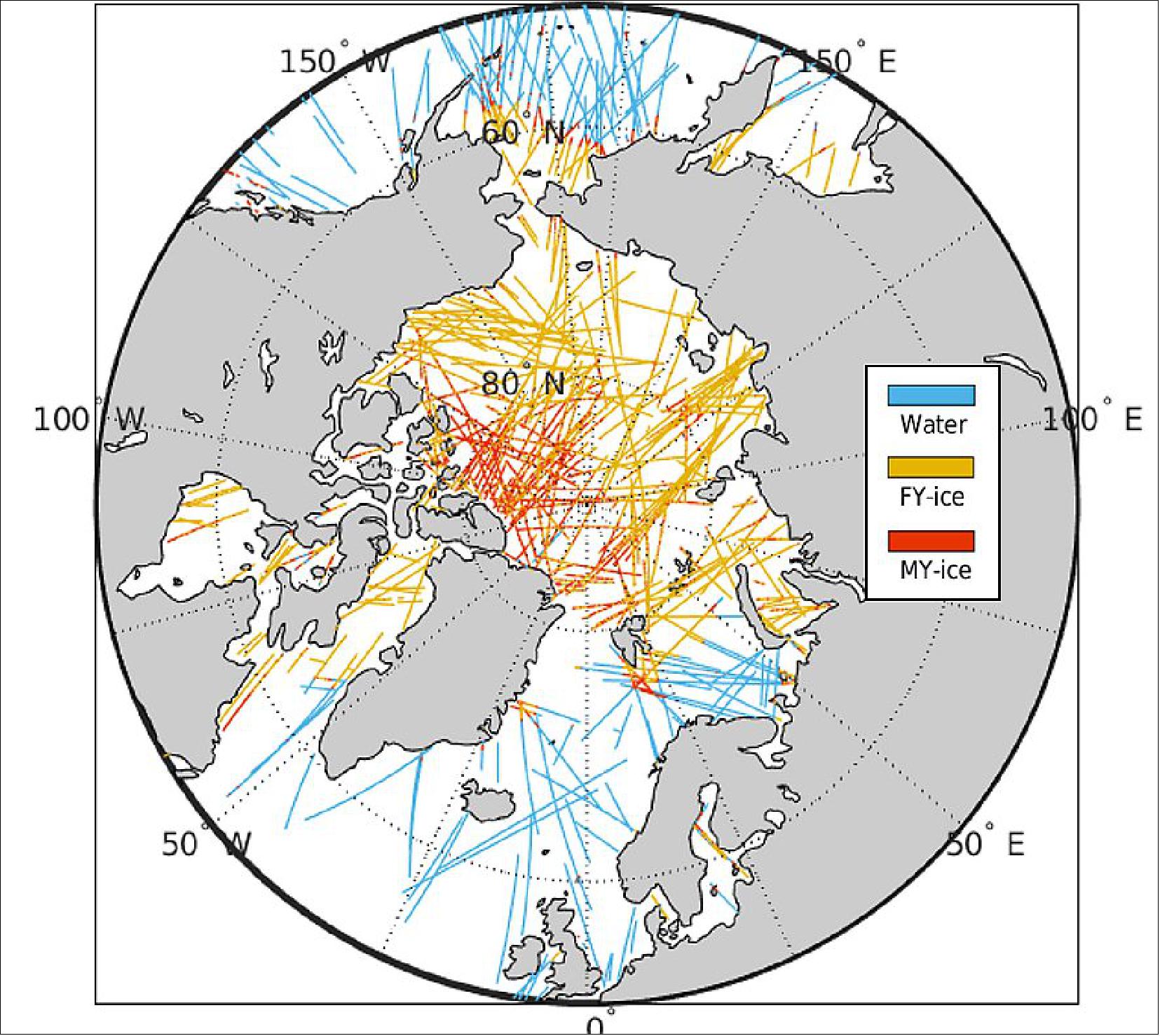 Figure 11: Sea ice coverage and age estimates based on the signal characteristics of GNSS signals that reflect off of the Arctic ice sheets for 4-10 March 2020, via the Spire Sea Ice Level 2 Grazing Angle Reflectometry product (image credit: Jade Morton, Univ. of Colorado-Boulder)