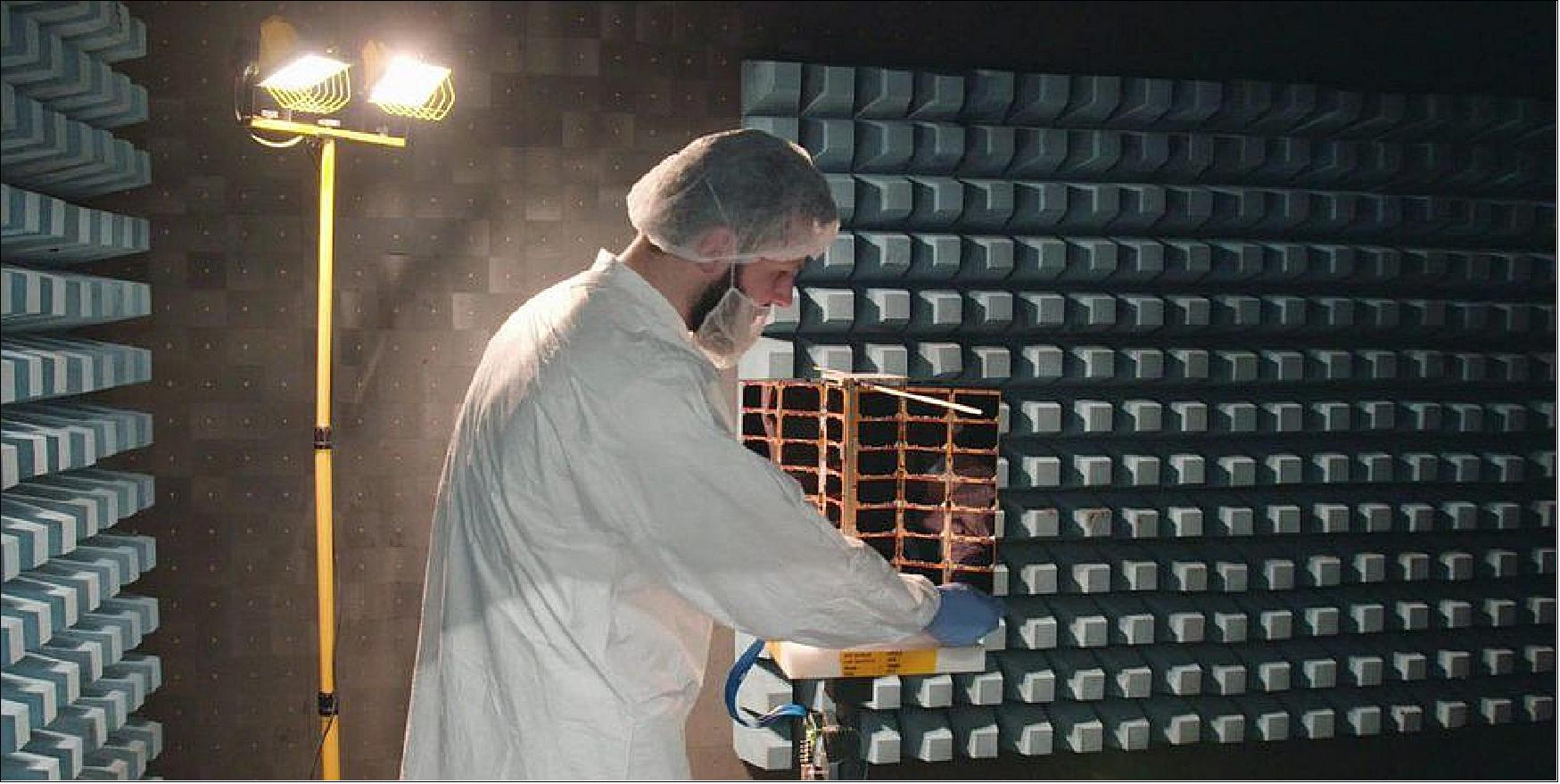 Figure 16: A Spire satellite undergoes testing in a room optimized to check for radiofrequency interference (image credit: Spire Global)
