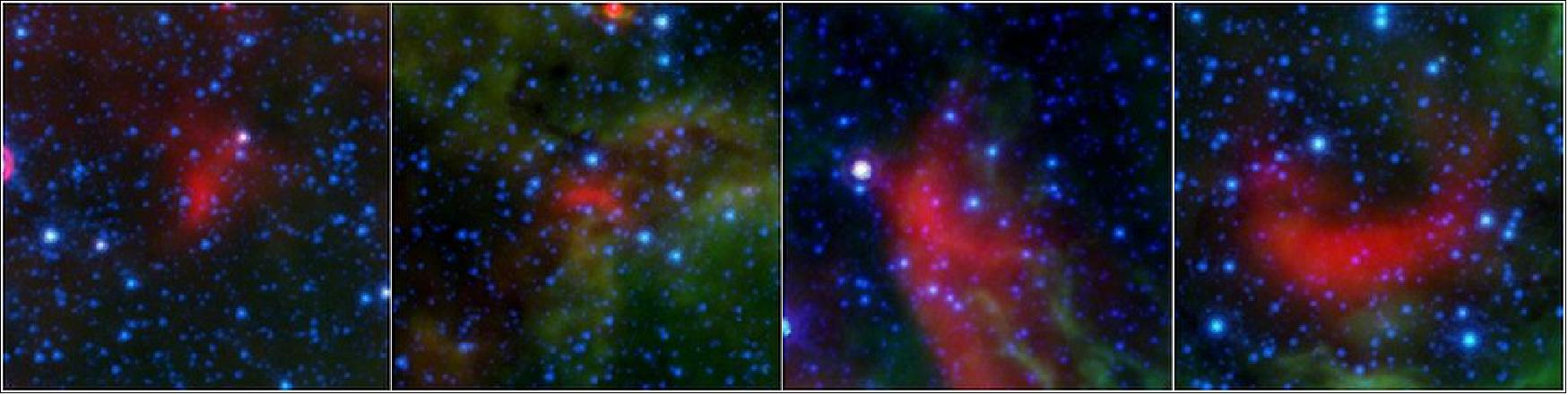 Figure 42: Bow shocks between the bubbles. These four images show bow shocks, or arcs of warm dust formed as winds from fast-moving stars push aside dust grains scattered sparsely through most of the nebula(image credit: NASA/JPL-Caltech/Milky Way Project)