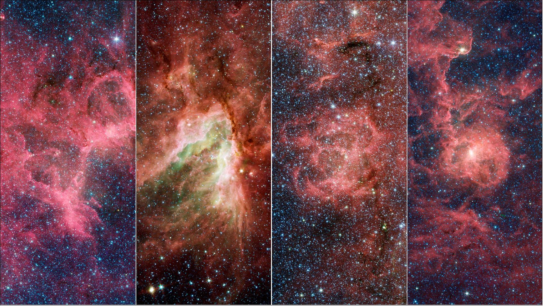 Figure 11: Shown here are the Eagle, Omega, Triffid, and Lagoon Nebulae, imaged by NASA's infrared Spitzer Space Telescope. These nebulae are part of a structure within the Milky Way's Sagittarius Arm that is poking out from the arm at a dramatic angle (image credit: NASA/JPL-Caltech)