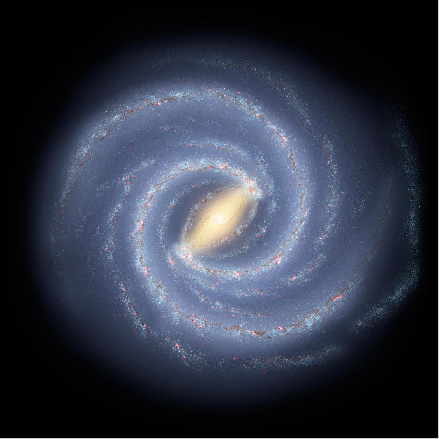 Figure 10: This illustration shows astronomers’ current understanding of the large-scale structure of the Milky Way. Astronomers have a rough idea of the size and shape of the Milky Way’s arms, but much remains unknown: They can’t see the full structure of our home galaxy because Earth is inside it. It’s akin to standing in the middle of Times Square and Like early explorers mapping the continents of our globe, astronomers are busy charting the spiral structure of our galaxy, the Milky Way. Using infrared images from NASA's Spitzer Space Telescope, scientists have discovered that the Milky Way's elegant spiral structure is dominated by just two arms wrapping off the ends of a central bar of stars. Previously, our galaxy was thought to possess four major arms. - This artist's concept illustrates the new view of the Milky Way, along with other findings presented at the 212th American Astronomical Society meeting in St. Louis, Mo. The galaxy's two major arms (Scutum-Centaurus and Perseus) can be seen attached to the ends of a thick central bar, while the two now-demoted minor arms (Norma and Sagittarius) are less distinct and located between the major arms. The major arms consist of the highest densities of both young and old stars; the minor arms are primarily filled with gas and pockets of star-forming activity. - The artist's concept also includes a new spiral arm, called the "Far-3 kiloparsec arm," discovered via a radio-telescope survey of gas in the Milky Way. This arm is shorter than the two major arms and lies along the bar of the galaxy. - Our sun lies near a small, partial arm called the Orion Arm, or Orion Spur, located between the Sagittarius and Perseus arms (image credit: NASA/JPL-Caltech)