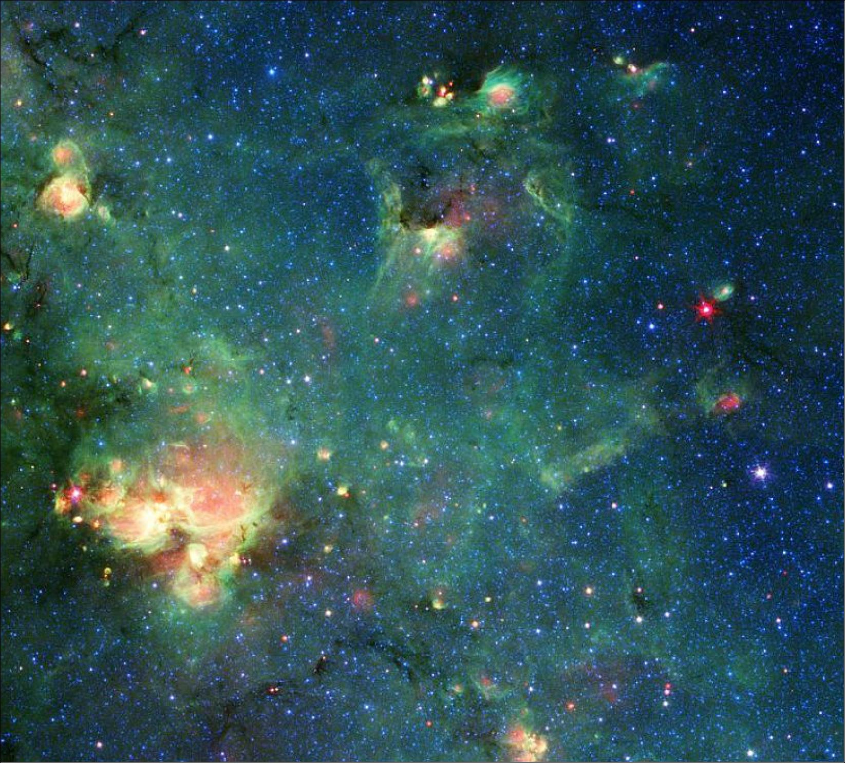 Figure 9: NASA’s Spitzer Space Telescope imaged this cloud of gas and dust. The colors represent different wavelengths of infrared light and can reveal such features as places where radiation from stars had heated the surrounding material. Any resemblance to Godzilla is purely imaginary (image credit: NASA/JPL-Caltech)