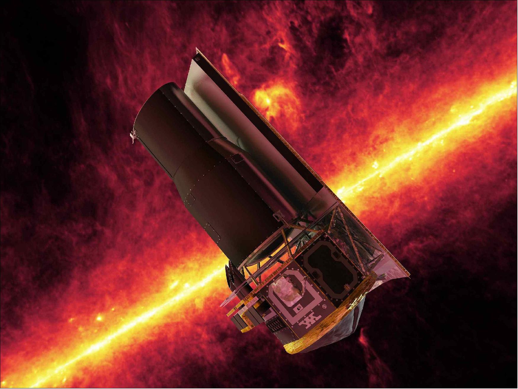 Figure 2: The Spitzer Space Telescope whizzes in front of a brilliant, infrared view of the Milky Way galaxy's plane in this artistic depiction (image credit: NASA/JPL- Caltech)