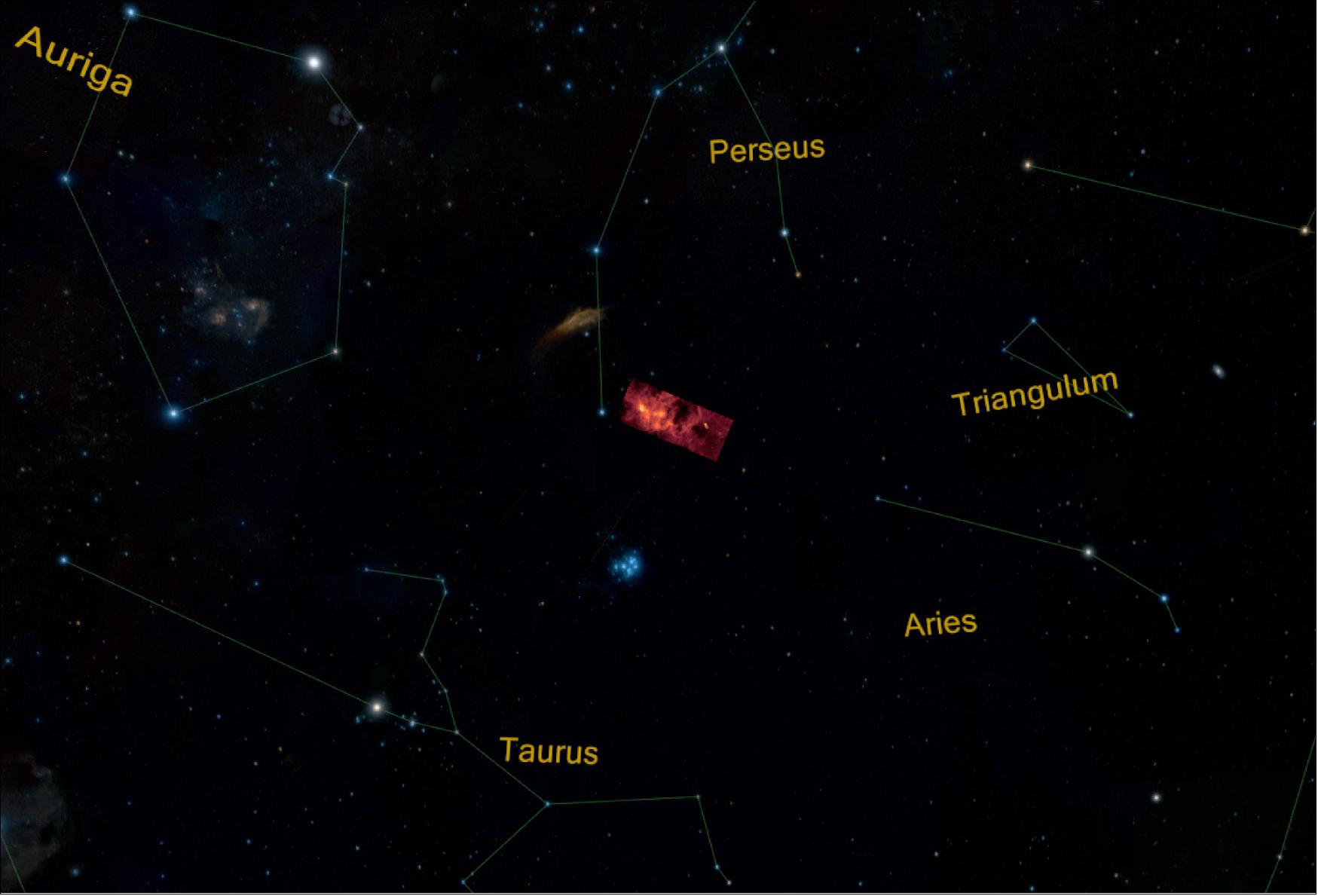 Figure 39: This image from NASA'S Spitzer Space Telescope shows the location and apparent size of the Perseus Molecular Cloud in the night sky. Located on the edge of the Perseus Constellation, the collection of gas and dust is about 1,000 light-years from Earth and about 500 light-years wide (image credit: NASA/JPL-Caltech)