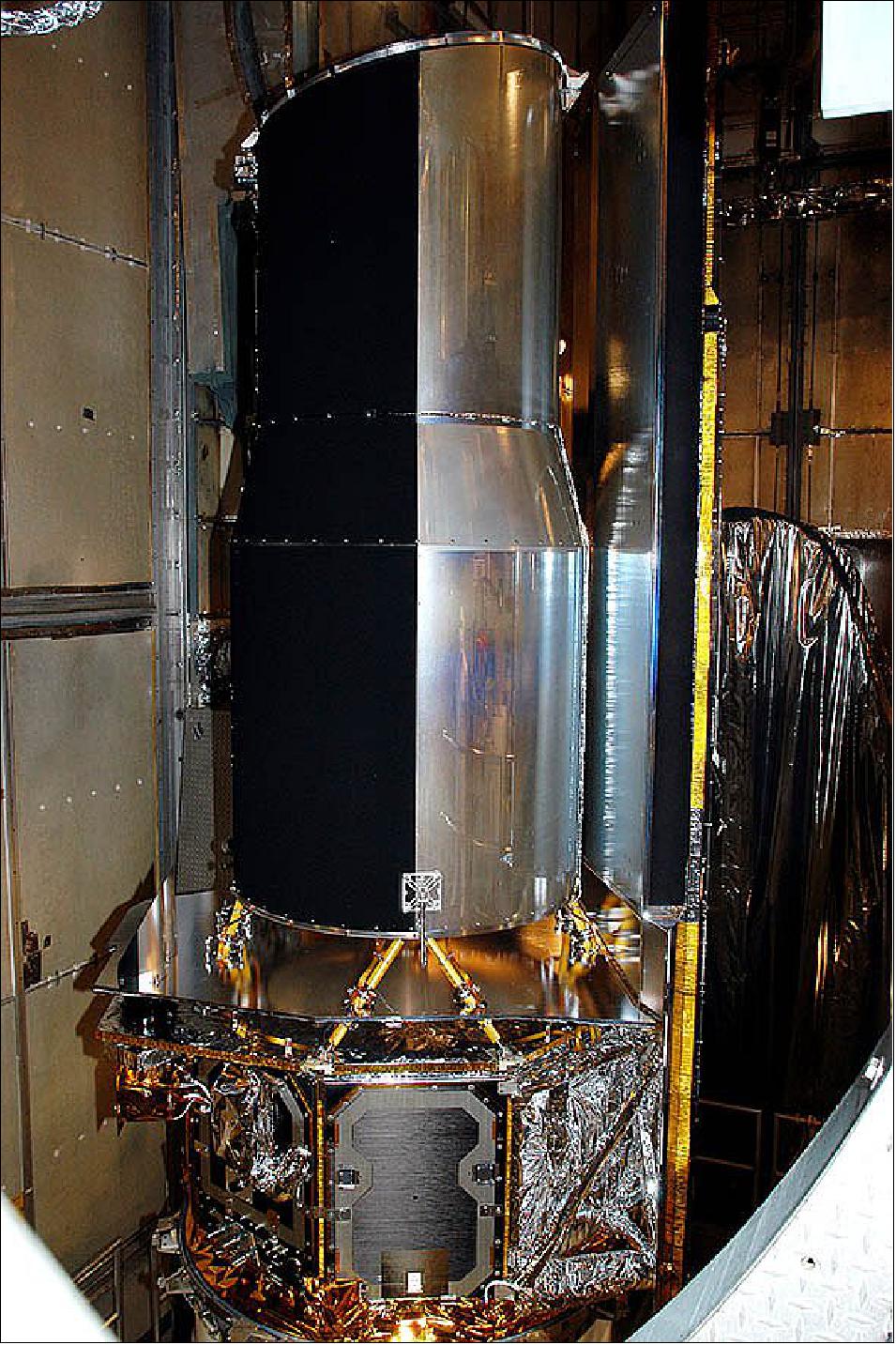 Figure 35: At the time of launch, the Spitzer Space Telescope bore its original name: the Space Infrared Telescope Facility (SIRTF). It's shown here in the mobile service tower on Launch (image credit: NASA/JPL-Caltech)