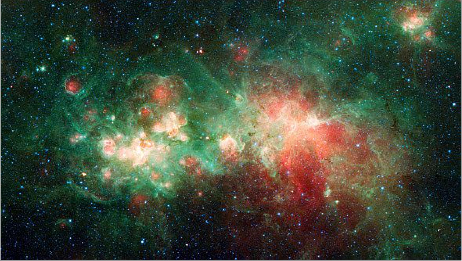Figure 26: The nebula known as W51 is one of the most active star-forming regions in the Milky Way galaxy. First identified in 1958 by radio telescopes, it makes a rich cosmic tapestry in this image from NASA's recently retired Spitzer Space Telescope. This image was taken as part of a major observation campaign by Spitzer in 2004 to map the large-scale structure of the Milky Way galaxy - a considerable challenge because Earth lies inside it. Called the Galactic Legacy Infrared Mid-Plane Survey Extraordinaire (GLIMPSE), the survey also turned up valuable data on many wonders within the Milky Way, including images of multiple stellar factories like W51 that were hidden by dust from visible-light observatories (image credit: NASA/JPL)