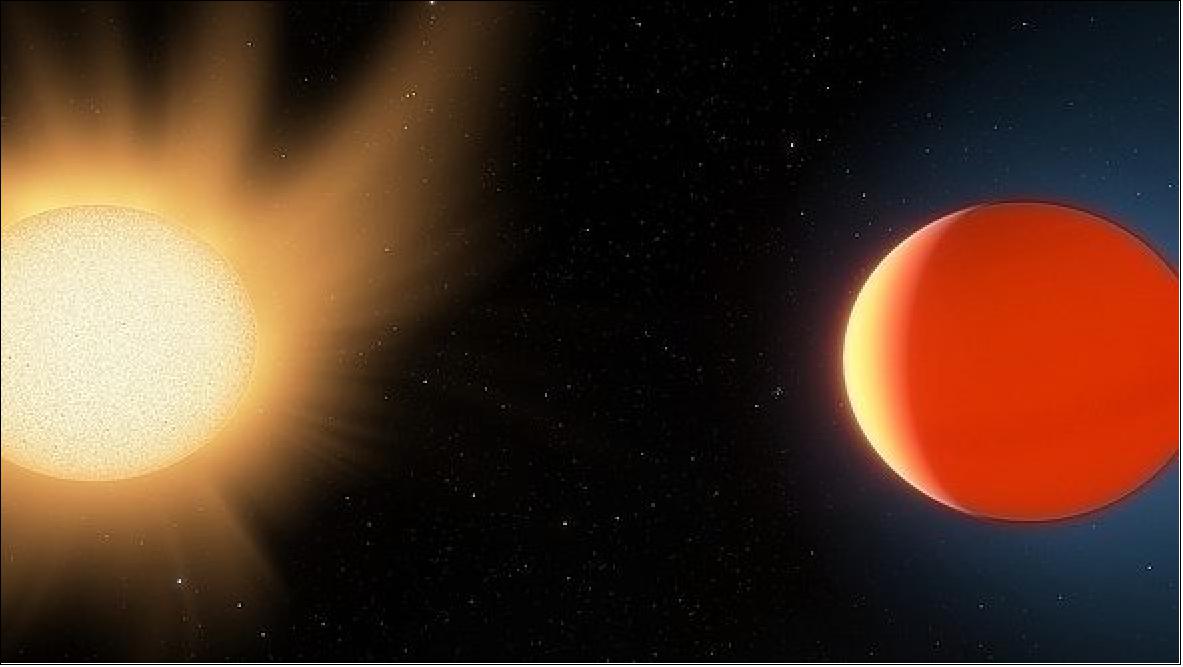 Figure 24: This artist's impression shows shows LTT9779b near the star it orbits, and highlights the planet's ultra-hot (2000 Kelvin) day-side and its quite-toasty night-side (around 1000 K), image credit: Ethen Schmidt, Kansas University)