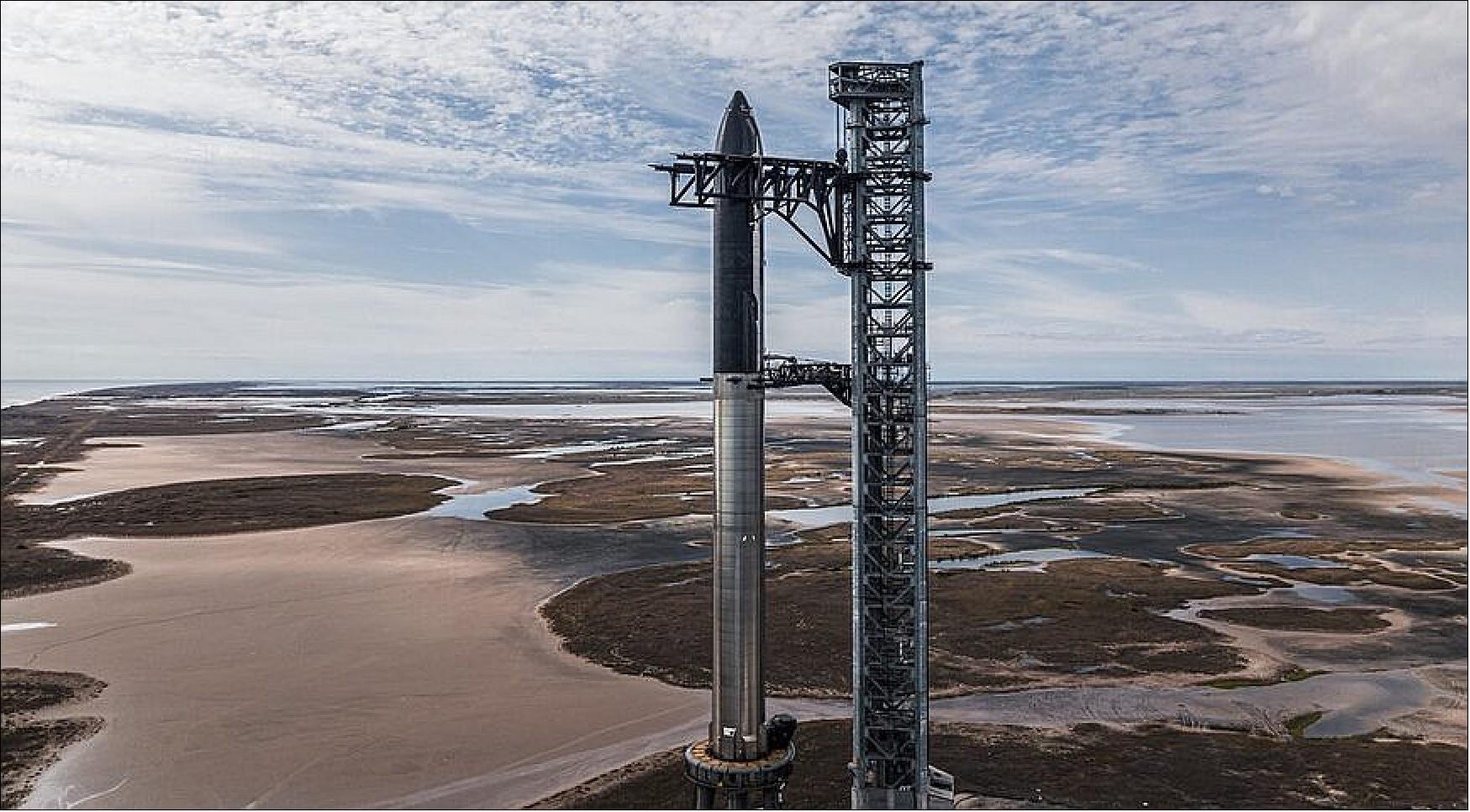 Figure 10: SpaceX showed off a completed Starship/Super Heavy vehicle in February, but that vehicle now appears unlikely to perform the first orbital launch attempt once the FAA awards a license to the company (image credit: SpaceX)