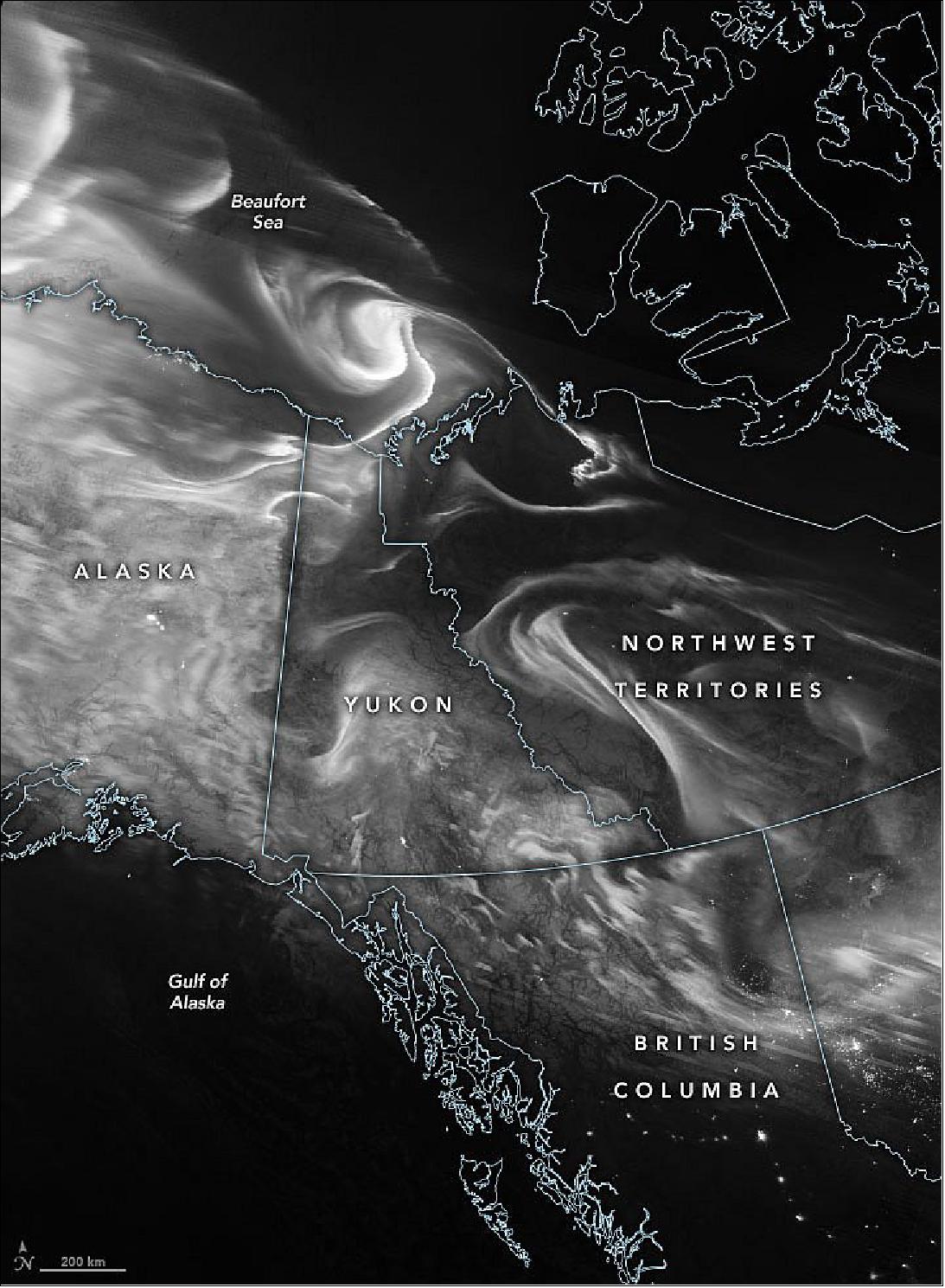 Figure 56: The image shows auroras over Alaska and western Canada on February 7, 2021, as acquired by the VIIRS (Visible Infrared Imaging Radiometer Suite) on the Suomi NPP satellite. From the ground, the aurora appeared particularly bright in some regions, as the Moon was passing through its last quarter and shedding less light (image credit: NASA Earth Observatory image by Joshua Stevens, using VIIRS day-night band data from the Suomi National Polar-orbiting Partnership. Story by Kasha Patel)
