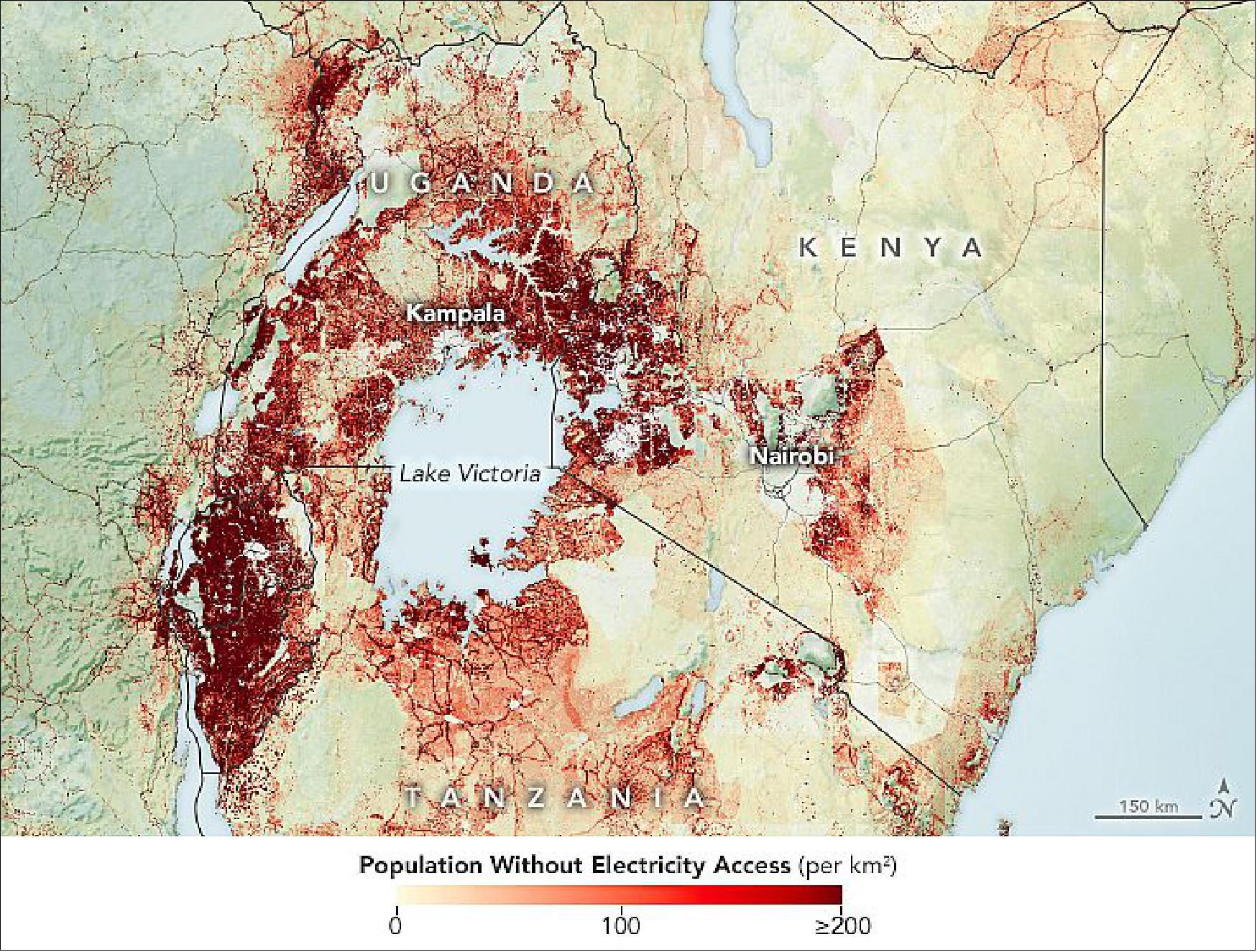 Figure 50: The maps of Figures 10, 51 and 52 show the team’s electrification analysis for 2018 around Lake Victoria, in Ethiopia, and across sub-Saharan Africa, respectively. The maps were created using processed nighttime light data—namely public lighting and, partly, house lighting—from the Visible Infrared Imaging Radiometer Suite (VIIRS) on the NOAA-NASA Suomi NPP satellite. The team also incorporated land cover type data from NASA’s Moderate Resolution Imaging Spectroradiometer (MODIS) to identify urban and rural settlements. Those datasets were overlaid with different gridded population products, such as the 1 km (0.60-mile) scale data from Oak Ridge National Laboratory’s LandScan to better understand how populations are distributed (image credit: NASA Earth Observatory images by Lauren Dauphin, using data from Falchetta, Giacomo, et al. (2019) and Falchetta, Giacomo, et al. (2020). Story by Kasha Patel)