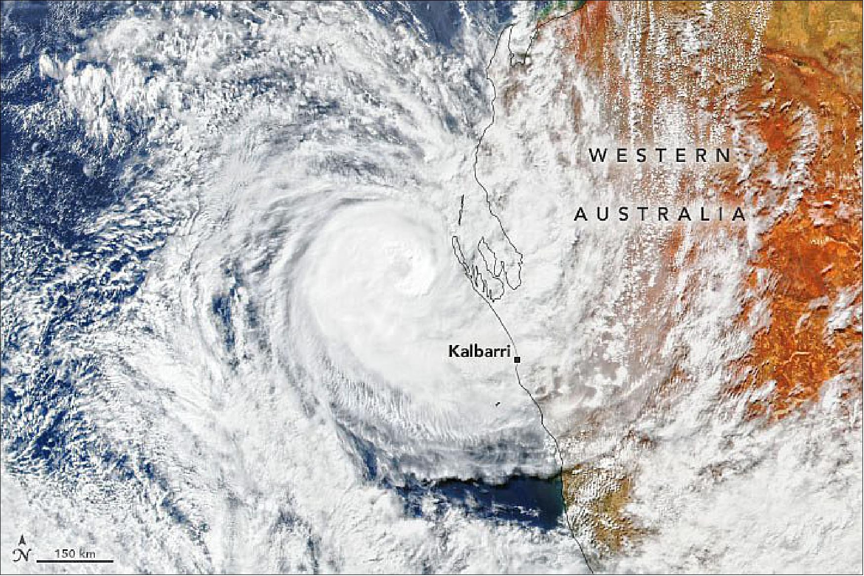 Figure 49: The category three cyclone made a rare landfall in Western Australia, causing significant damage to coastal towns. The VIIRS instrument on the Suomi NPP satellite captured this image on April 11, hours before the storm made landfall (image credit: NASA Earth Observatory image by Joshua Stevens, using VIIRS data from NASA EOSDIS LANCE, GIBS/Worldview, and the Suomi National Polar-orbiting Partnership. Story by Kasha Patel)