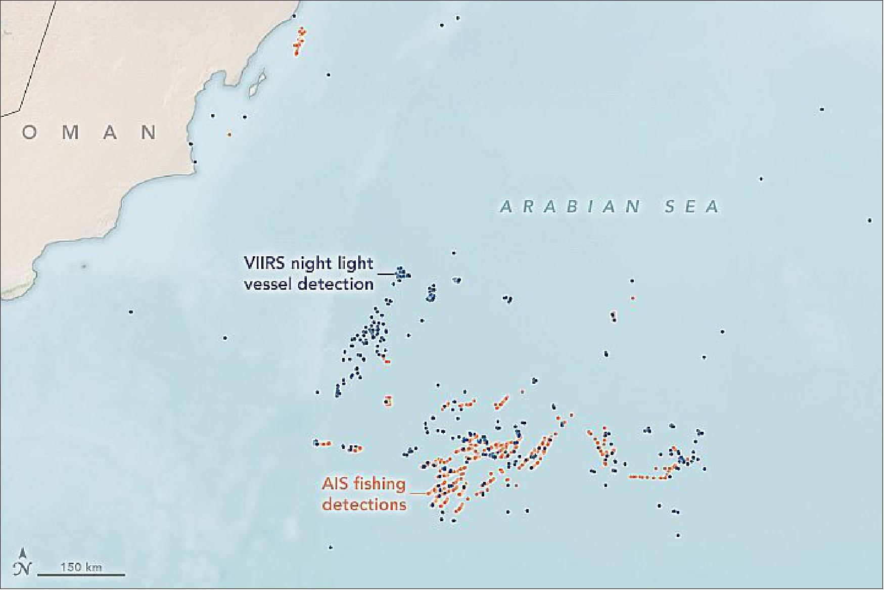 Figure 48: Vessel tracking starts with Automatic Identification System (AIS) transponders, which are designed to prevent collisions at sea by constantly transmitting a ship's location, and vessel monitoring systems (VMS), which are designed for fisheries monitoring and surveillance. The International Maritime Organization has mandated that all ships larger than 300 gross tons must use the AIS system while traveling internationally. The signals are collected by satellite and broadcast to mariners and shipping agencies. This image was acquired on 17 December 2020 with VIIRS and annotated with AIS fishing detections (image credit: NASA Earth Observatory)