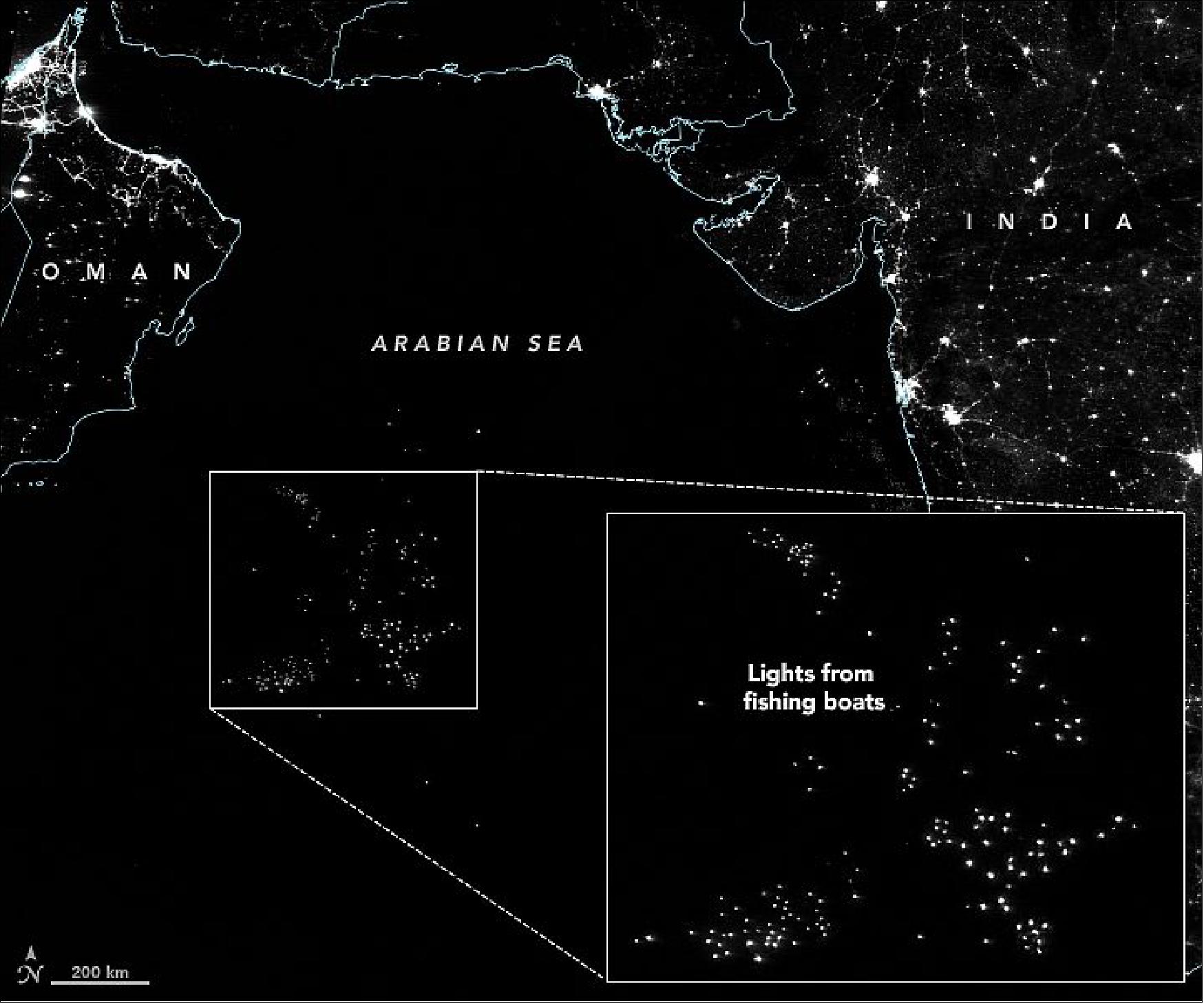 Figure 46: Researchers have found another use for night lights imagery: tracking unregulated and under-reported fishing. In this image, points of light in the Arabian Sea (northwest Indian Ocean) indicate the locations of fishing boats, refrigerated cargo ships, and perhaps a few other large ships. The fishing boats stand out because they use high-intensity lights to draw squid, saury, and other fish toward the water surface, where they are more easily caught with jigging lines and purse seine nets. Squid boats can carry more than a hundred lamps and generate as much as light as a house (image credit: NASA Earth Observatory images by Lauren Dauphin, using VIIRS day-night band data from the Suomi NPP satellite and AIS-based fishing effort and vessel presence data from Global Fishing Watch, story by Michael Carlowicz)