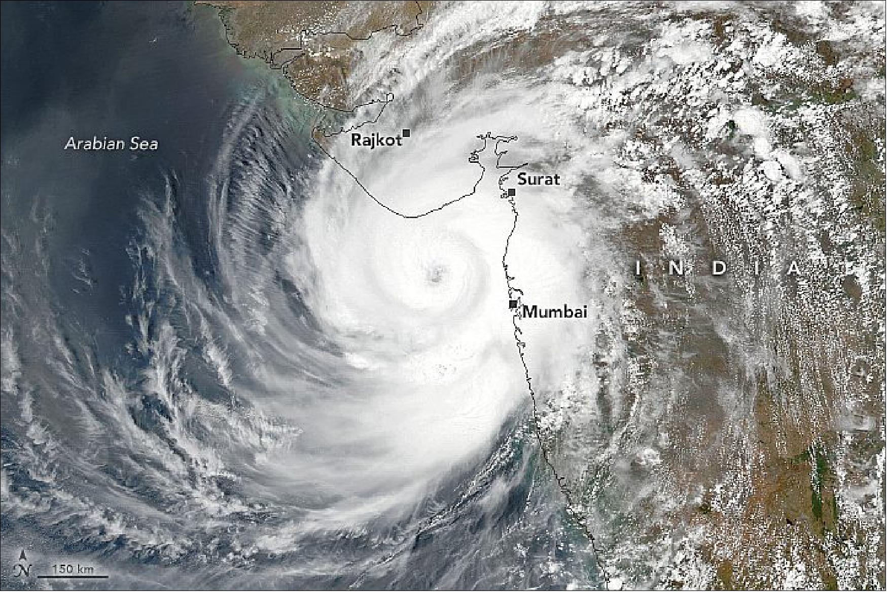 Figure 45: Tropical cyclones are scarce in the Arabian Sea, but unusually warm ocean temperatures helped fuel this storm. As Tauktae approached land, the U.S. Joint Typhoon Warning Center reported maximum sustained winds of 100 knots (185 km/125 miles per hour) and gusts up to 125 knots (230 km/145 miles), equivalent to a category 3 or 4 hurricane. That made Tauktae the fifth-strongest storm observed in the Arabian Sea since 1998. Winds of that strength can easily snap trees, topple power lines, and damage homes. The storm also pushed a destructive storm surge of water onto the Indian coast; reports suggest it may have been as high as 3 meters in some areas (image credit: NASA Earth Observatory image by Lauren Dauphin, using VIIRS data from NASA EOSDIS LANCE, GIBS/Worldview, and the Suomi National Polar-orbiting Partnership. Story by Adam Voiland)