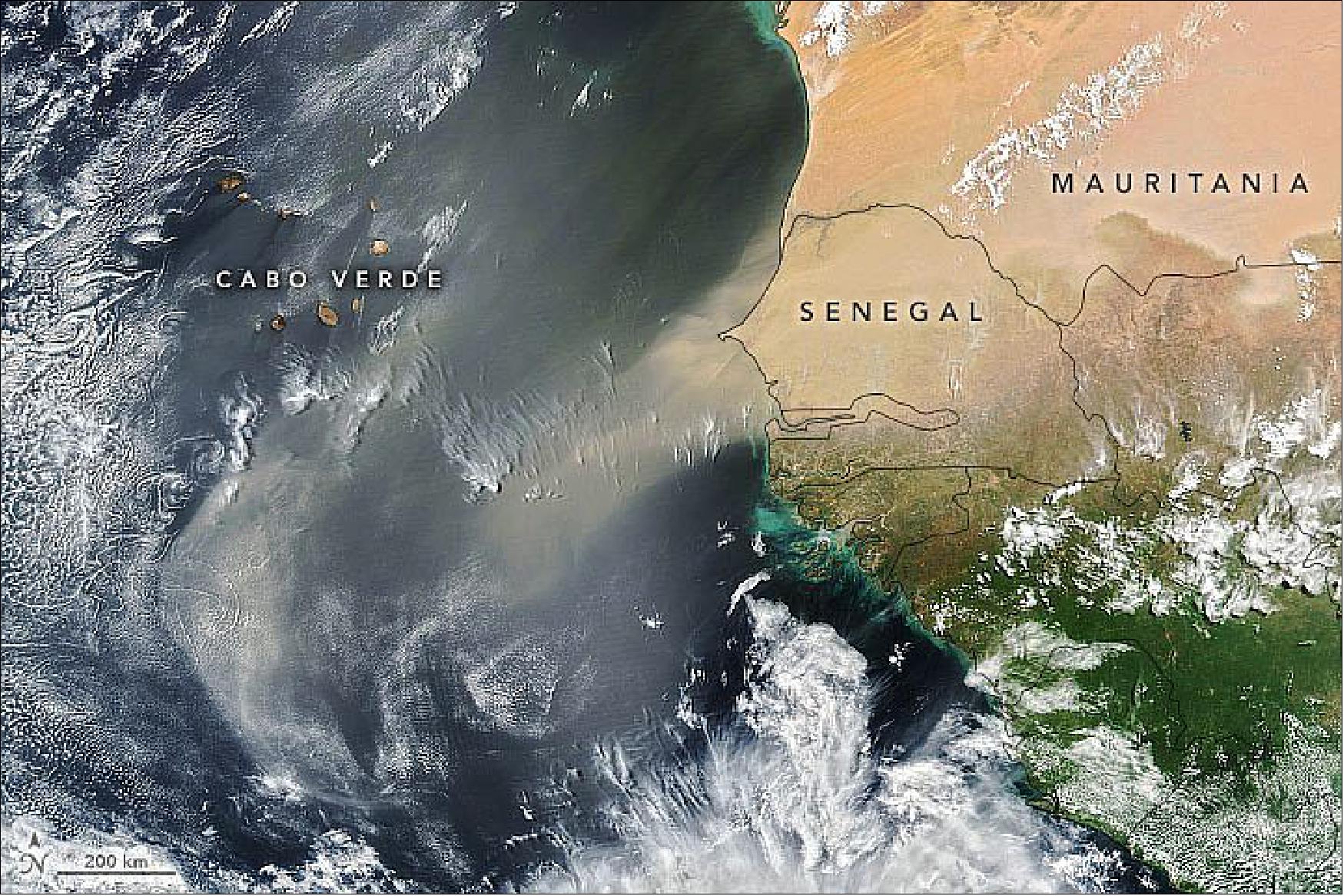 Figure 43: The millions of tons of dust lofted out of Africa each year are a visual reminder of how Earth’s systems are interconnected. In early June 2021, strong winds blew across Mali and Mauritania and carried tiny bits of the Sahara over Senegal, The Gambia, and Cabo Verde. The Visible Infrared Imaging Radiometer Suite (VIIRS) on the NASA-NOAA Suomi NPP satellite acquired this natural-color image on June 4, 2021, the first day of the storm. As this time-lapse shows, dust was well out over the central Atlantic Ocean by June 7 (image credit: NASA Earth Observatory image by Joshua Stevens, using VIIRS data from NASA EOSDIS LANCE, GIBS/Worldview, and the Suomi National Polar-orbiting Partnership. Story by Michael Carlowicz)