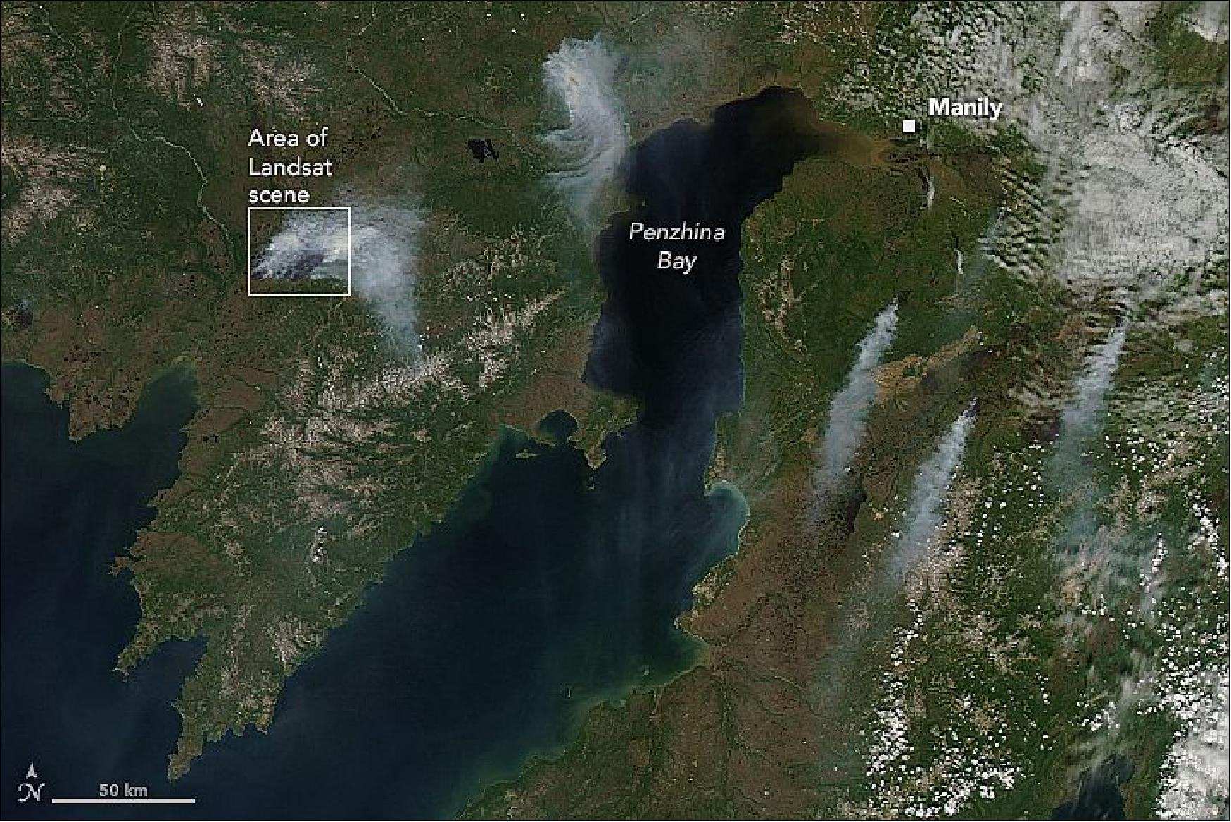 Figure 41: This image, acquired by the MODIS instrument on NASA's Aqua satellite, shows more distinct plumes from five large fires burning around Penzhina Bay (northwest of the Kamchatka Peninsula), image credit: NASA Earth Observatory.
