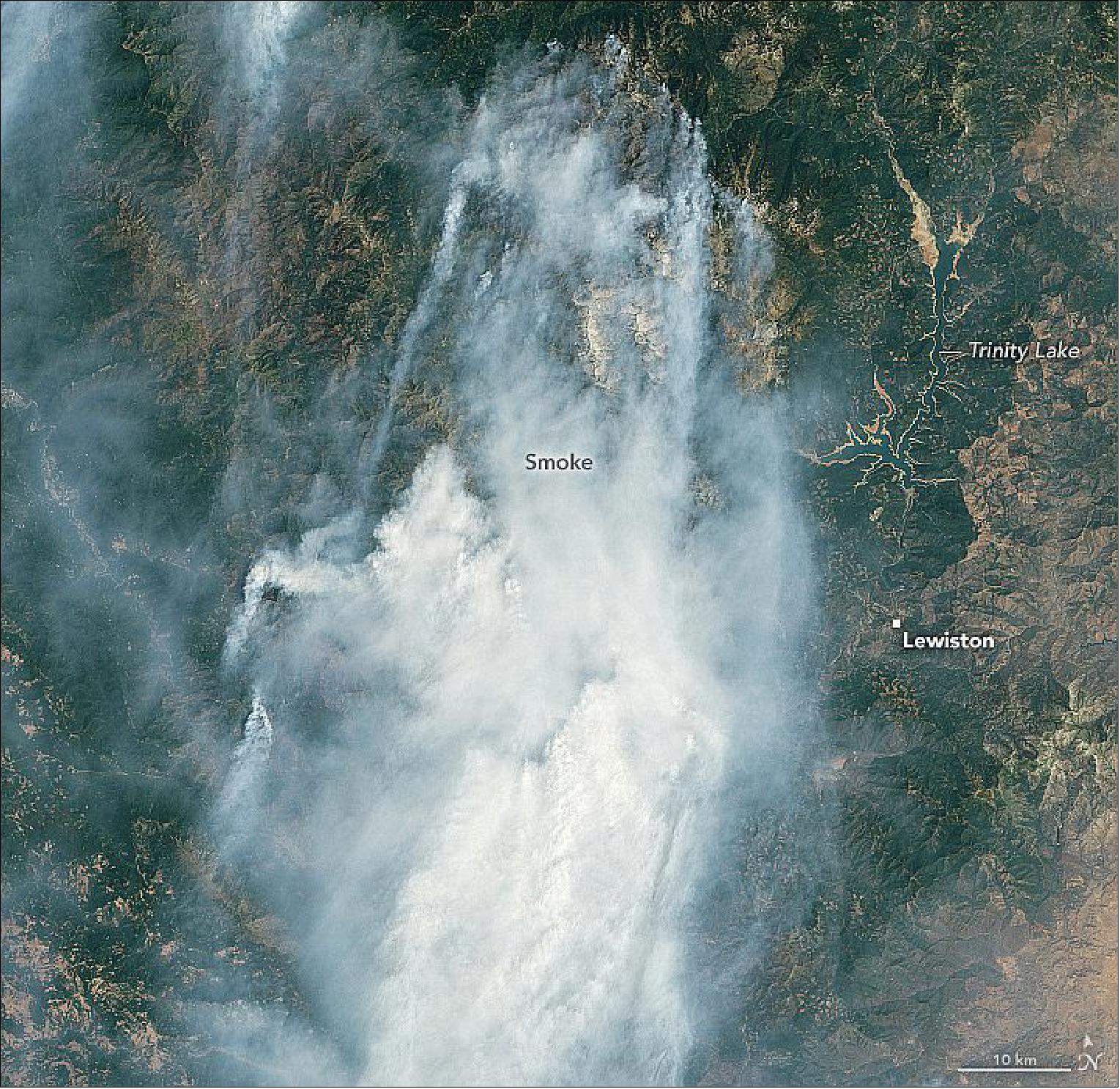 Figure 39: More than 11,000 firefighters are deployed in northern California battling these and several other fires. On August 19, the Operational Land Imager (OLI) on Landsat-8 acquired a closer view of two blazes—the Monument and McFarland fires, the second- and third-largest fires currently burning in California. The McFarland fire was 52 percent contained on August 20; the Monument fire was 10 percent contained (image credit: NASA Earth Observatory)
