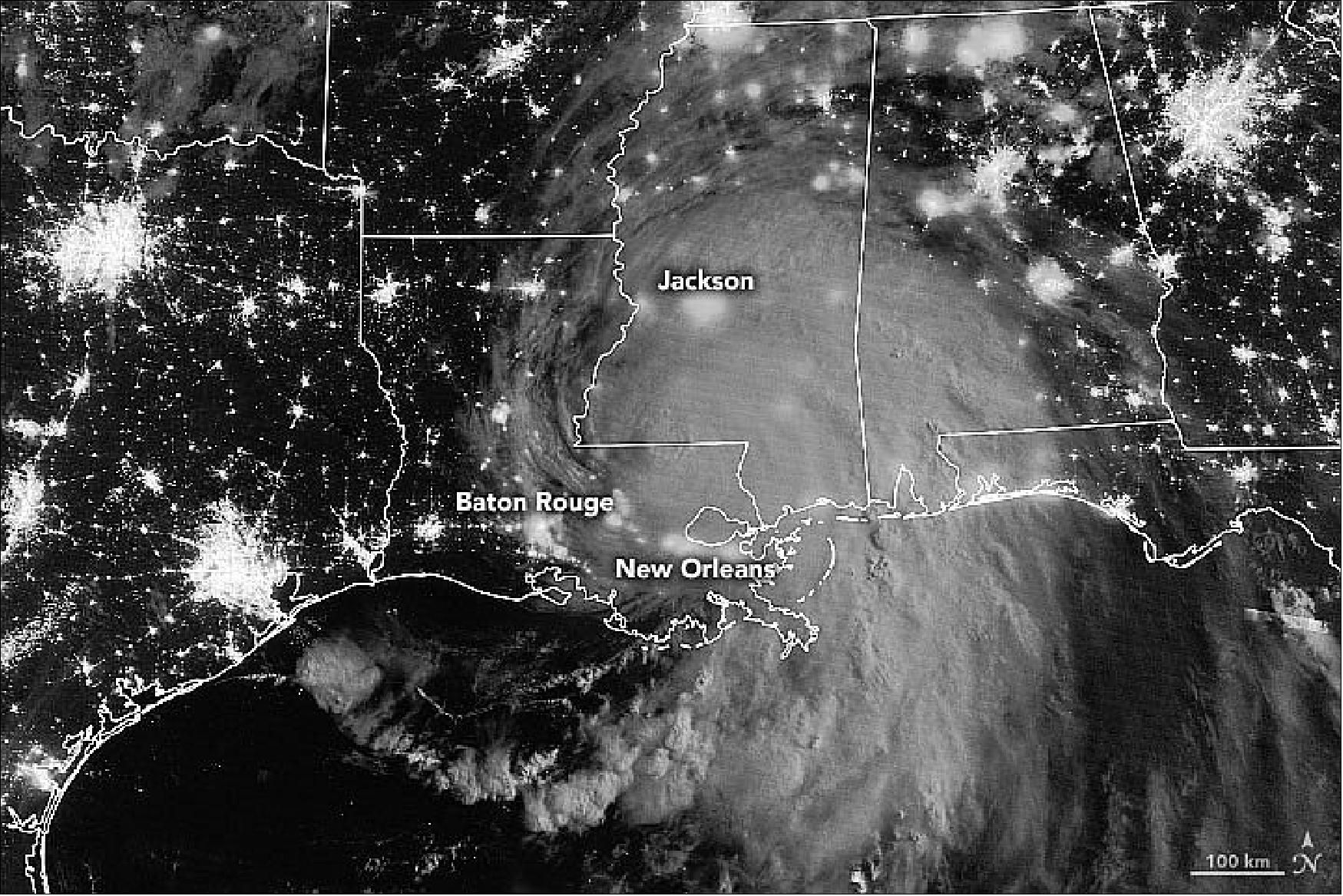 Figure 35: Preliminary reports suggest it is the fifth-strongest storm ever to make landfall in the continental U.S. In the last 24 hours before landfall, the storm’s central pressure dropped from 985 millibars to 929, and winds intensified rapidly from 85 to 150 miles per hour. According to the National Hurricane Center, a storm has undergone “rapid intensification” when winds increase by at least 35 miles per hour within 24 hours. The intensification was partly fueled by the hot summer surface waters of the Gulf of Mexico, which were about 30–31º Celsius (86–88º Fahrenheit), [image credit: NASA Earth Observatory images and video by Joshua Stevens, using VIIRS day-night band data from the Suomi National Polar-orbiting Partnership, GEOS-5 data from the Global Modeling and Assimilation Office at NASA GSFC, and power outage data courtesy of PowerOutage.us. Story by Michael Carlowicz]