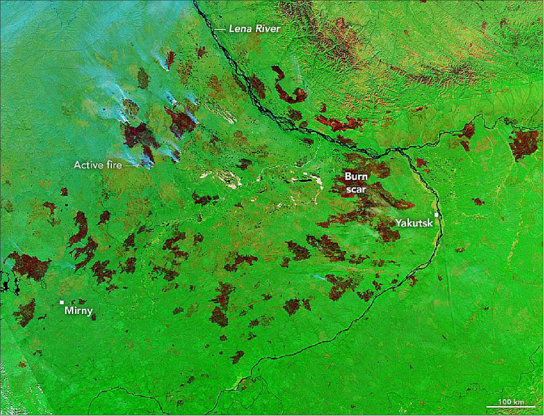 Figure 34: Fires burned 8.4 million hectares (84,000 km2) in the eastern Russian republic. In this false-color satellite image, burned areas appear dark brown. Unburned areas are green. Patches of green within burn scars are fire refugia—areas within fire perimeters that were unburned or only lightly burned. The Visible Infrared Imaging Radiometer Suite (VIIRS) on the Suomi NPP satellite captured the image on September 10, 2021 (image credit: NASA Earth Observatory image by Lauren Dauphin, using MODIS data from NASA EOSDIS LANCE and GIBS/Worldview. Story by Adam Voiland)