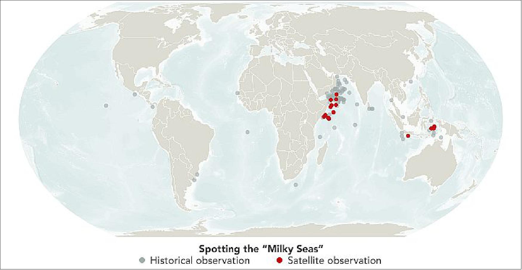 Figure 32: History of spotting the milky seas in the period 1796-2021 (image credit: NASA Earth observatory)