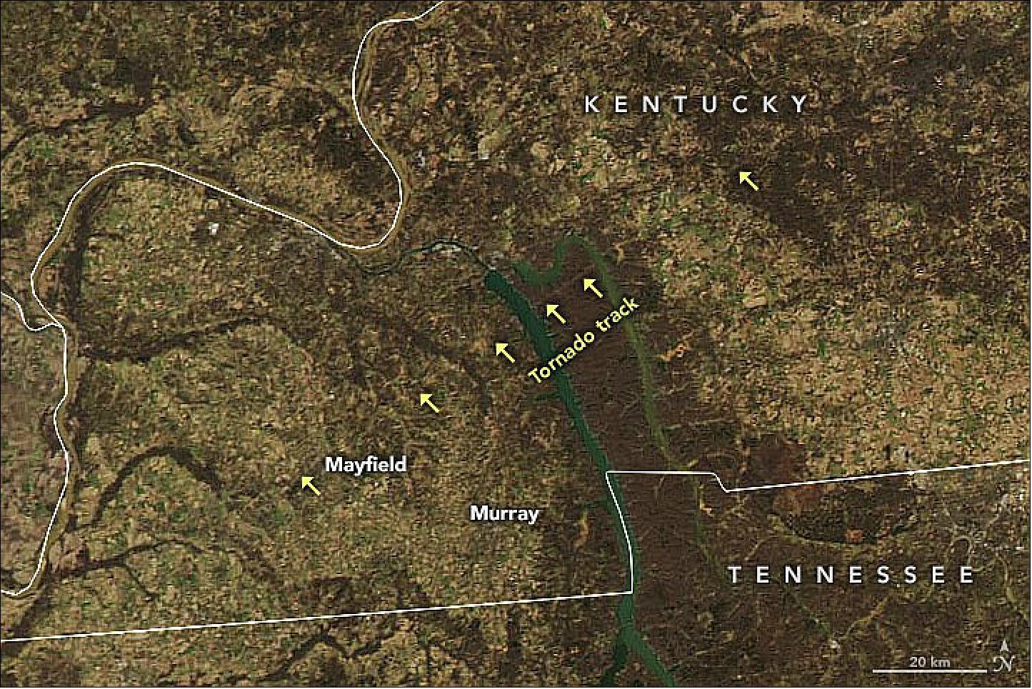 Figure 29: On December 12, 2021, the MODIS instrument on NASA’s Aqua satellite acquired this natural-color image of the tornado track across western Kentucky near Mayfield. This area endured some of the worst damage of the fierce storm front (image credit: NASA Earth Observatory)