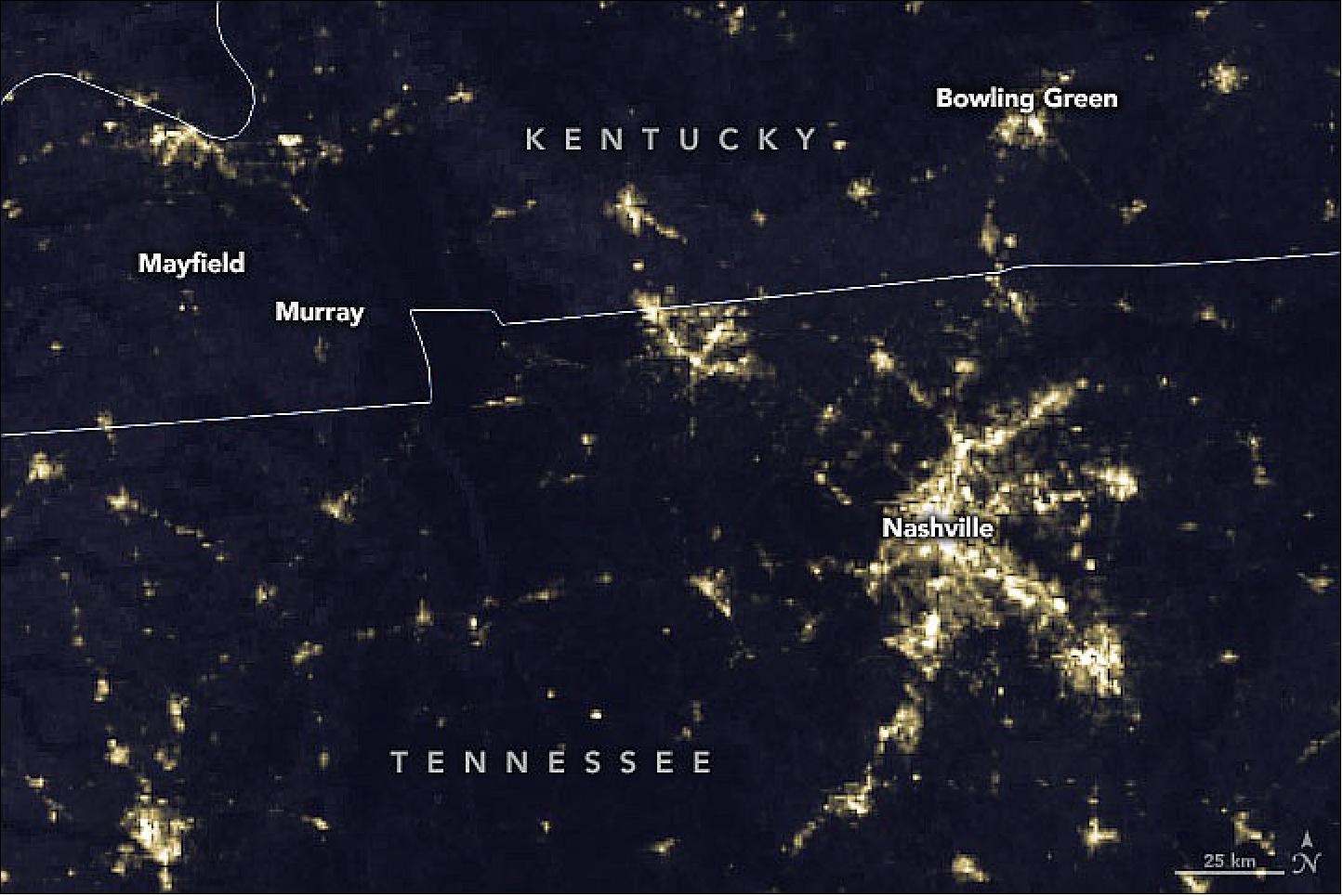 Figure 28: This image was acquired on 12 December 2021 with the day-night band (DNB) of VIIRS on the SuomiNPP satellite. The image pair captures storm-induced power outages in areas around Mayfield, Murray, and Bowling Green, Kentucky. The DNB detects light in a range of wavelengths from green to near-infrared and uses filtering techniques to observe signals such electric lights in cities and towns (image credit: NASA Earth Observatory images by Joshua Stevens, using VIIRS day-night band data from the Suomi National Polar-orbiting Partnership and MODIS data from NASA EOSDIS LANCE and GIBS/Worldview. Story by Michael Carlowicz)