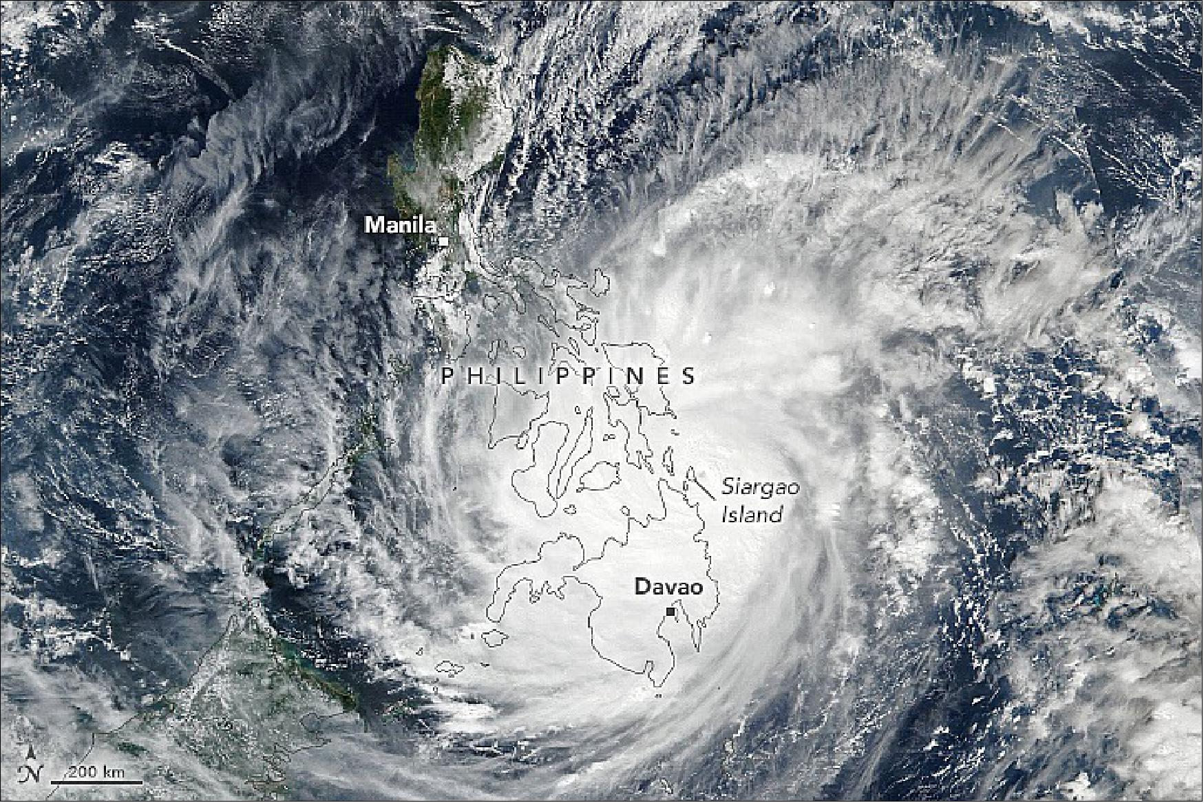 Figure 25: This natural-color image was acquired in the early afternoon on December 16 by the Visible Infrared Imaging Radiometer Suite (VIIRS) on the Suomi-NPP satellite. Around the time of this image, the storm had sustained winds of 240 kilometers (150 miles) per hour, a category 4 super typhoon (image credit: NASA Earth Observatory image by Lauren Dauphin, using VIIRS data from NASA EOSDIS LANCE, GIBS/Worldview, and the Suomi National Polar-orbiting Partnership. Story by Michael Carlowicz)