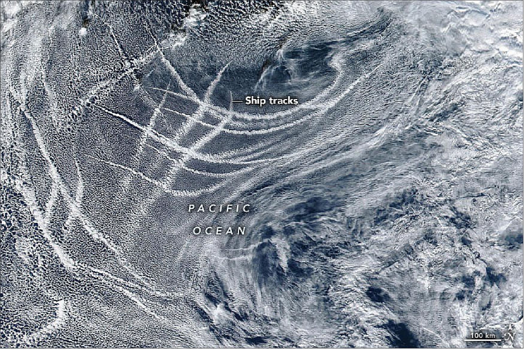 Figure 24: The Visible Infrared Imaging Radiometer Suite (VIIRS) on the Suomi-NPP satellite acquired this image of ship tracks on December 7, 2021. On that day, the tracks revealed several shipping lanes intersecting in the waters off the Pacific coast of North America (image credit: NASA Earth Observatory image by Joshua Stevens, using VIIRS data from NASA EOSDIS LANCE, GIBS/Worldview, and the Suomi National Polar-orbiting Partnership. Story by Kathryn Hansen)
