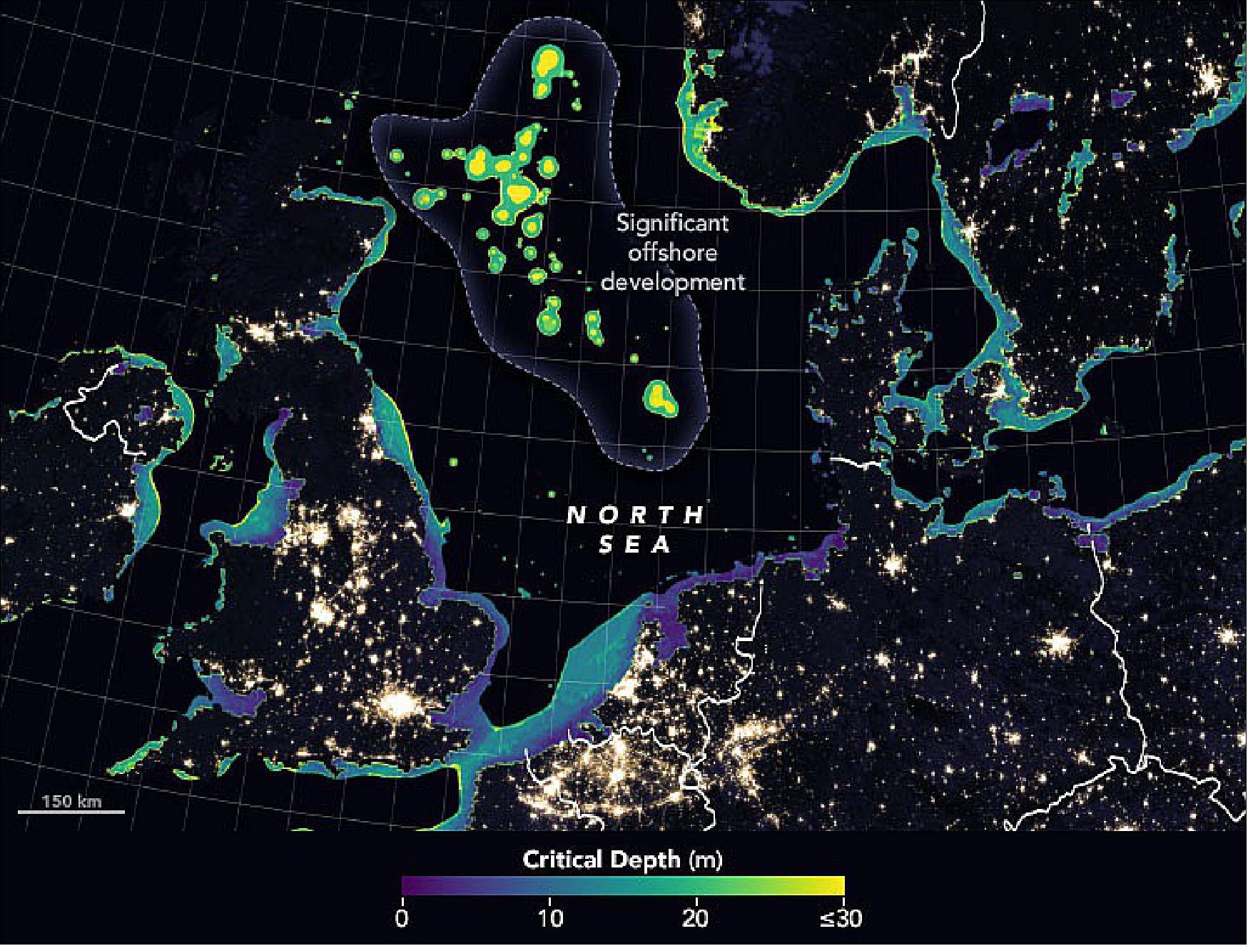 Figure 18: The research team built a model based on two satellite datasets: one of nighttime light pollution and one of ocean color, which reveals the water’s optical properties. The model projects how nighttime light pollution above the water’s surface will penetrate and be absorbed underwater. The results show the depths to which marine species could be exposed to light sufficient to cause a biological response (image credit: NASA Earth Observatory images by Joshua Stevens, using data courtesy of Smyth, T.J., et al. (2021). Story by Sara E. Pratt)