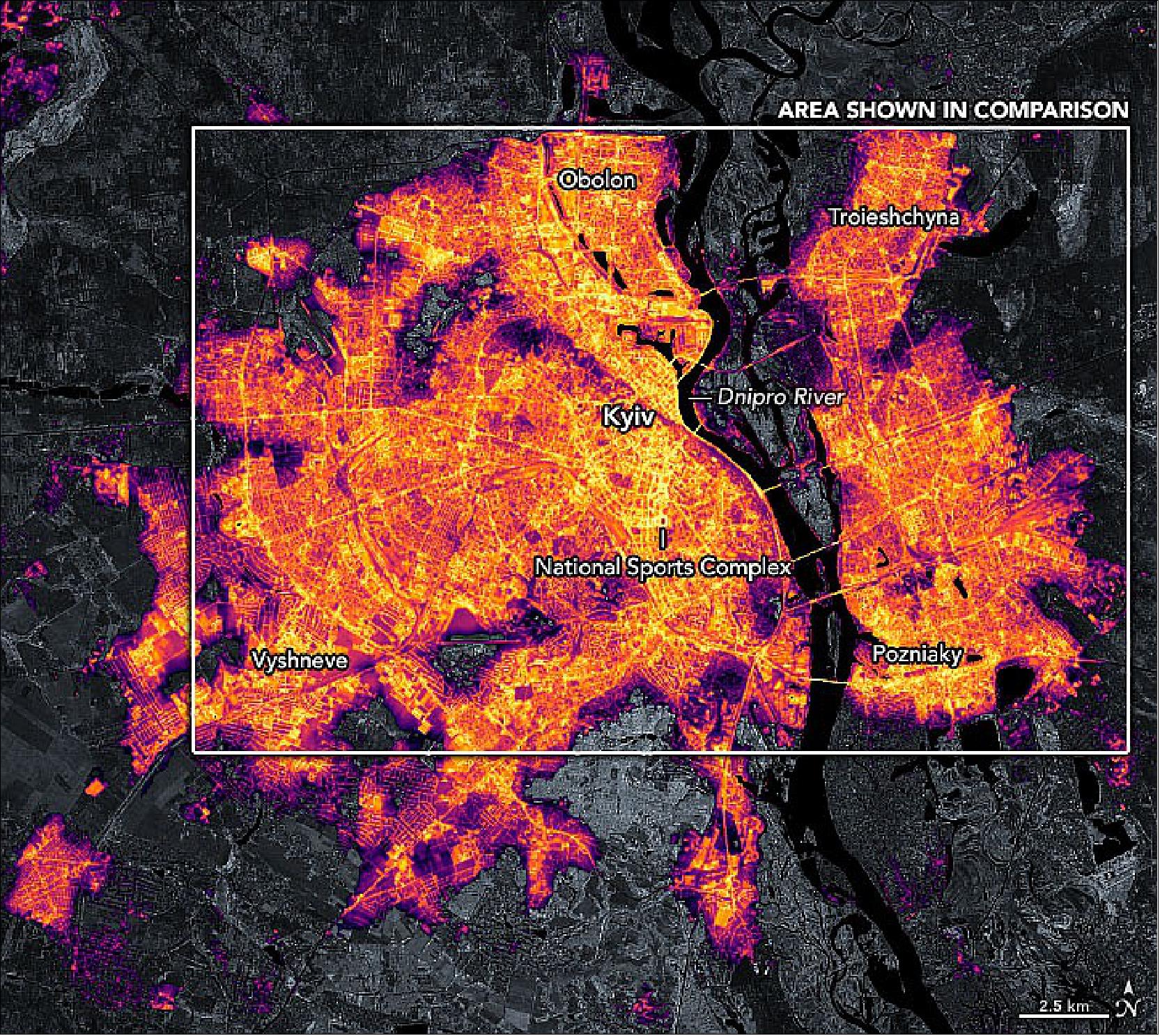 Figure 16: The lights data have been overlaid on a base map built from Landsat-9 near-infrared observations (band 5) of OLI-2 that helps distinguish the built environment from the natural. This image is a composite view of light across the region in January 2022, before the war began (image credit: NASA Earth Observatory)