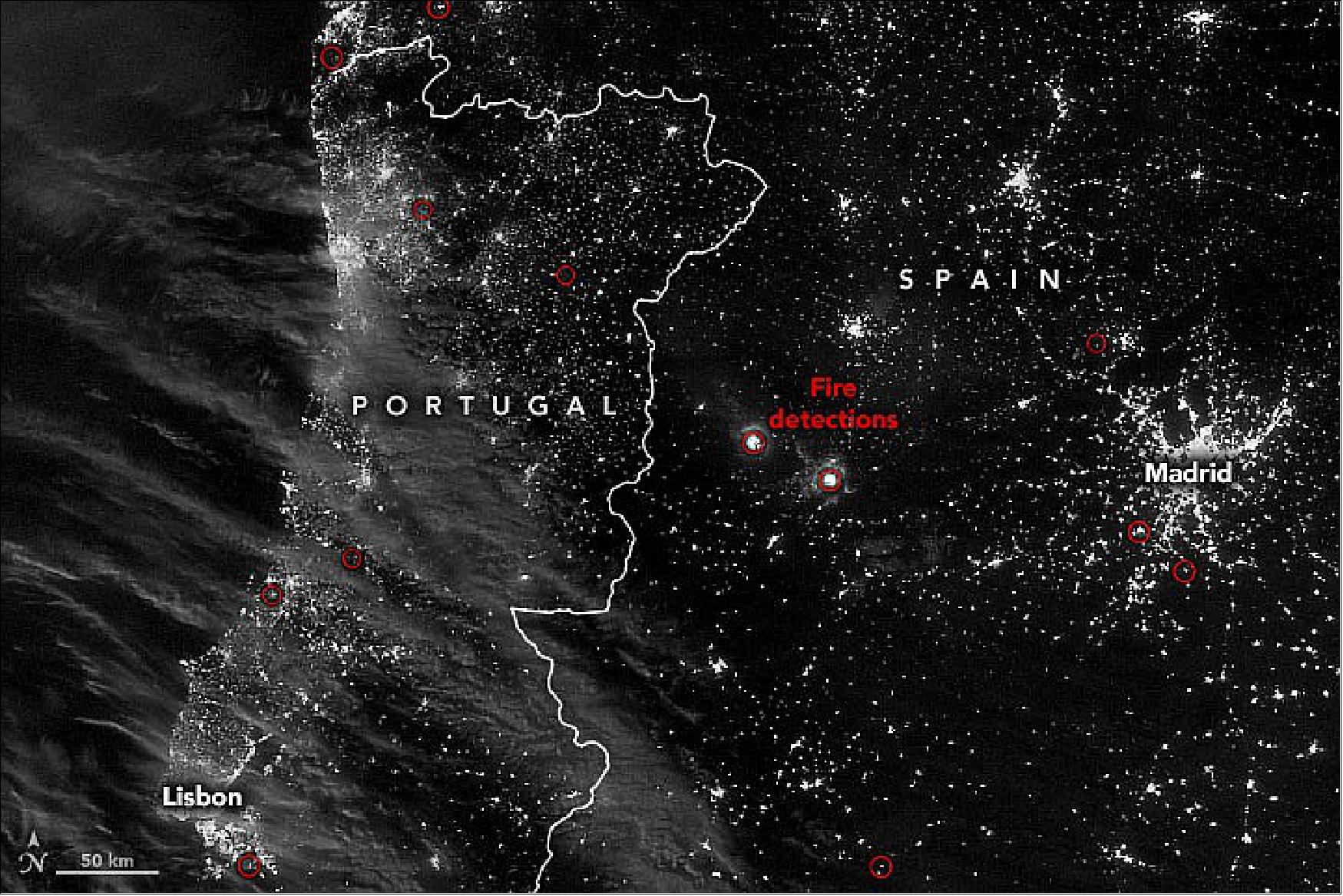 Figure 12: This image shows the locations of fire detections in Portugal and Spain as observed by the Visible Infrared Imaging Radiometer Suite (VIIRS) on the Suomi NPP satellite on July 12, 2022. The prominent fire detections west of Madrid include the town of Las Hurdes where more than 1,500 hectares (3,700 acres) have burned (image credit: NASA Earth Observatory)