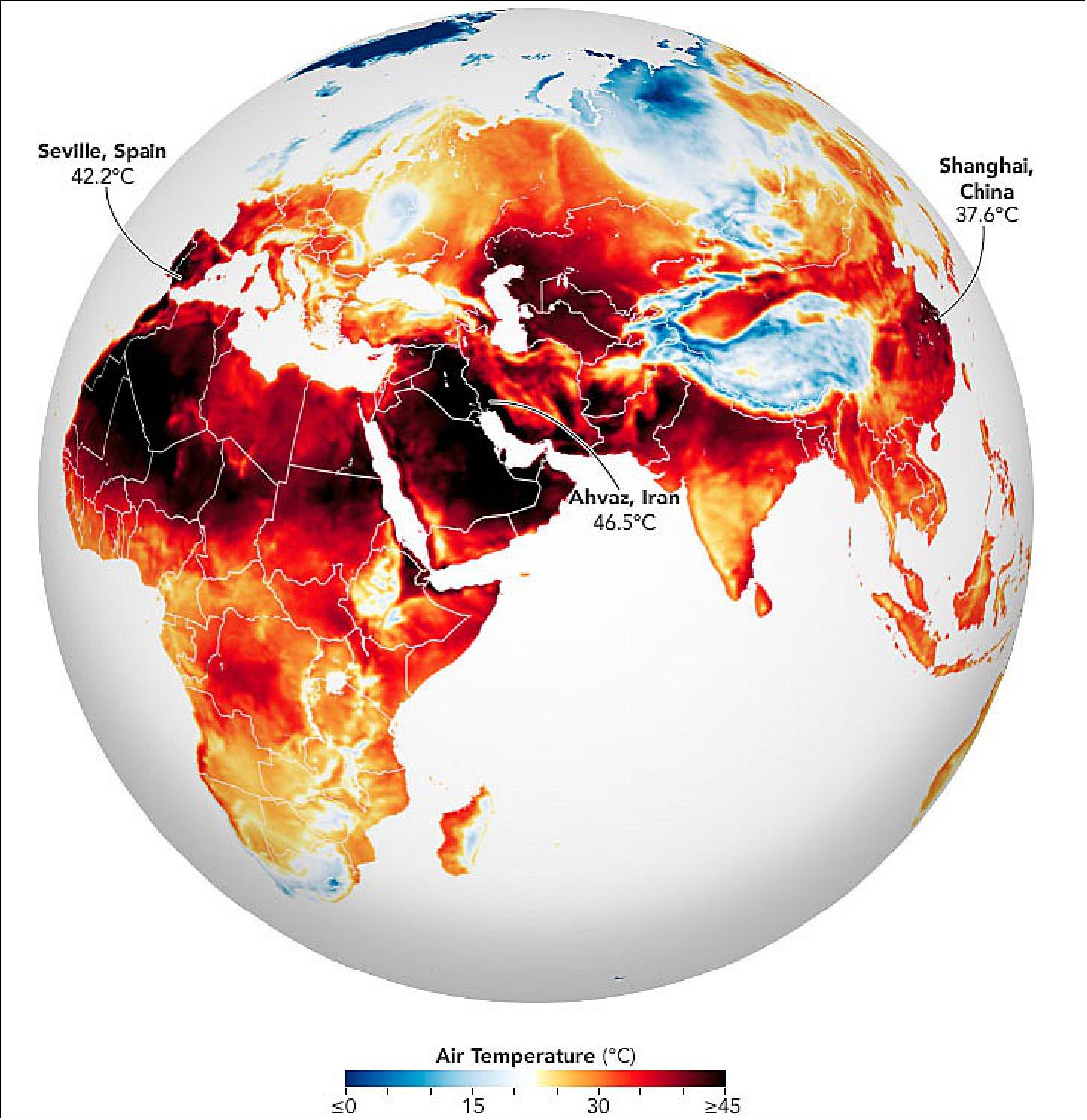 Figure 11: The map shows a model of air temperatures across most of the Eastern Hemisphere on July 13, 2022. The data come from the Goddard Earth Observing System Model, Version 5 (GEOS-5), a global atmospheric model that uses mathematical equations to represent physical processes near the surface and in the atmosphere (image credit: NASA Earth Observatory images by Joshua Stevens, using GEOS-5 data from the Global Modeling and Assimilation Office at NASA GSFC and VIIRS day-night band data from the Suomi National Polar-orbiting Partnership. Story by Sara E. Pratt)
