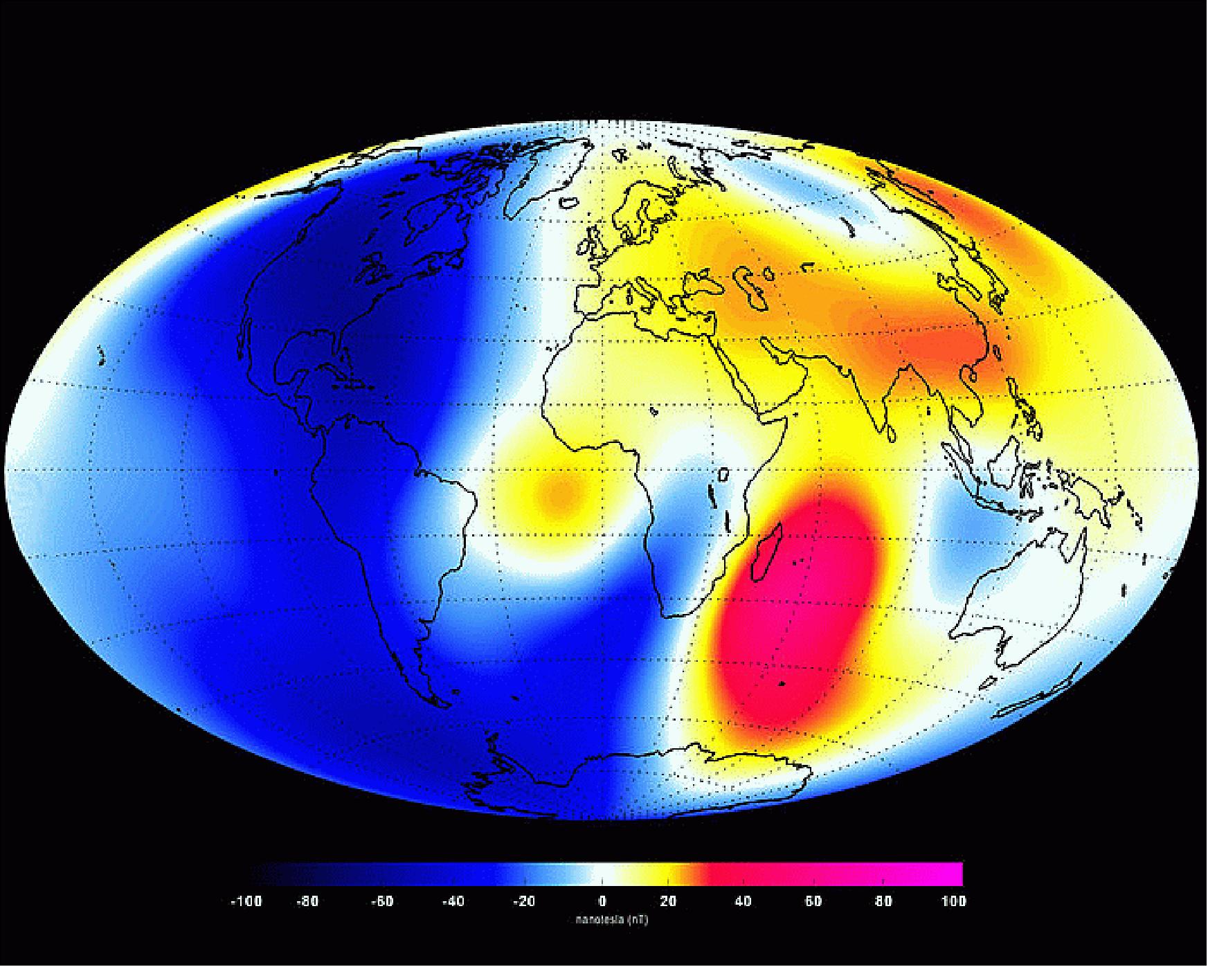 Figure 109: Earth's magnetic field changes from January to June 2014 as measured by the Swarm constellation of satellites (image credit: ESA, DTU Space, Ref.126)