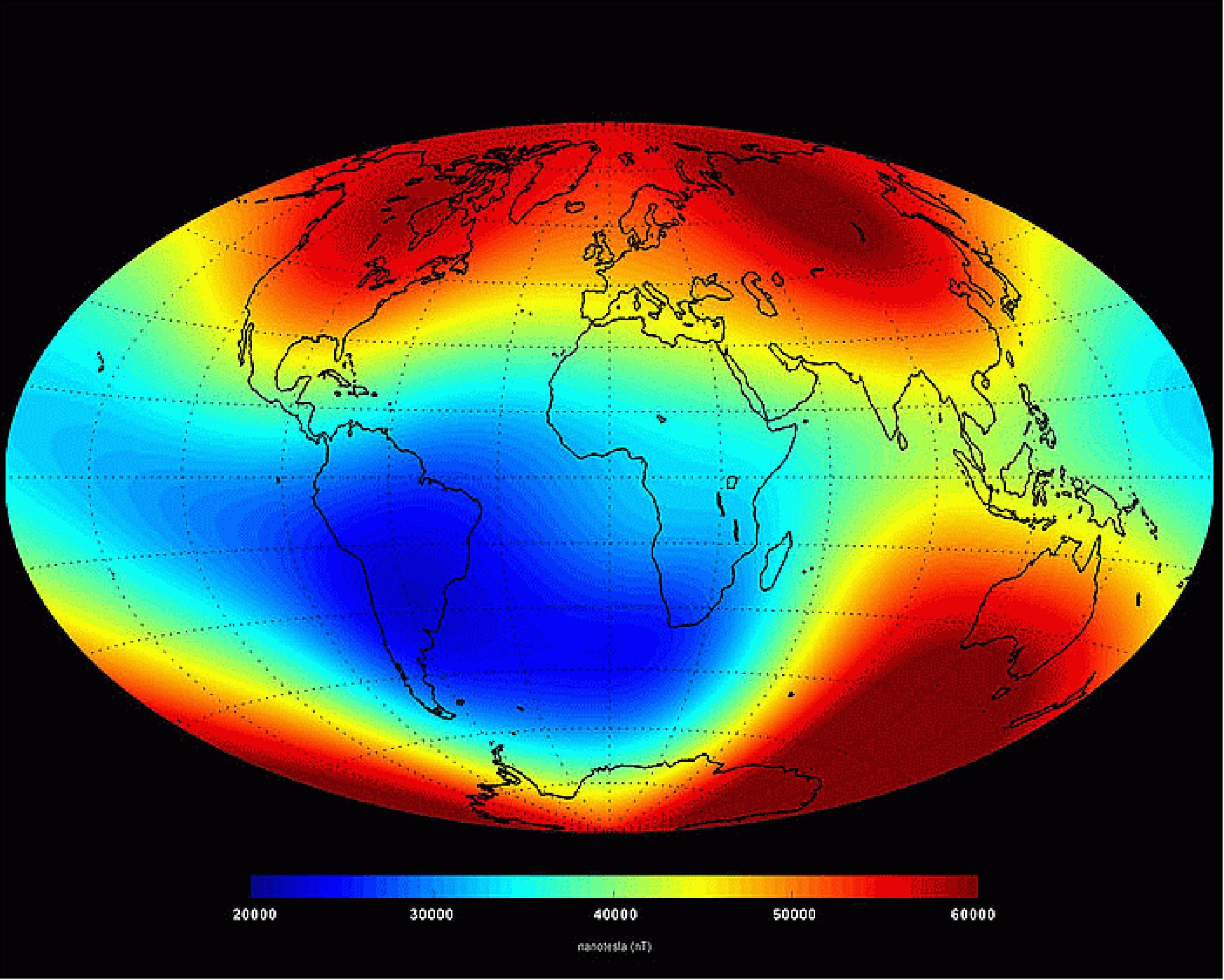 Figure 108: Earth's magnetic field in June 2014 as observed by the Swarm constellation, released on June 19, 2014 (Image credit: ESA/DTU Space, Ref. 126)