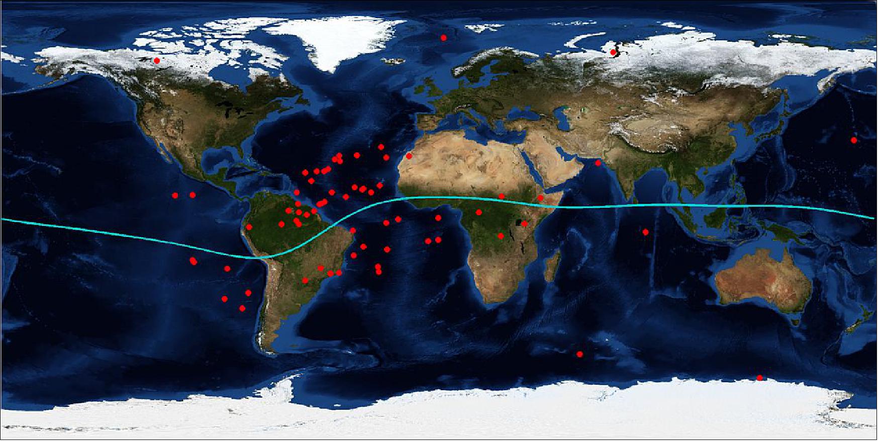 Figure 104: The red dots in the map show where the Swarm-C satellite lost its GPS connection between launch in November 2013 and March 2015. These losses in tracking signal were down to equatorial plasma bubbles. The green line denotes the geomagnetic equator (image credit: NASA blue marble/GFZ Potsdam/ESA)