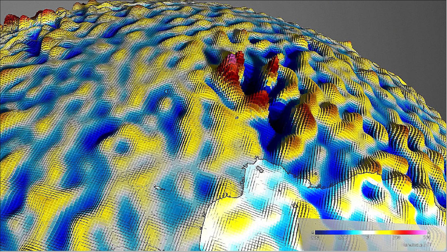 Figure 101: Magnetic anomaly - Bangui: The latest map of the lithospheric magnetic field by the Swarm constellation shows detailed variations in this field more precisely than previous satellite-based reconstructions, caused by geological structures in Earth’s crust. One of these anomalies occurs in the Central African Republic, centered on the city of Bangui, where the magnetic field is significantly sharper and stronger. The cause for this anomaly is still unknown, but some scientists speculate that it may be the result of a meteorite impact more than 540 million years ago (image credit: ESA/DTU Space/DLR)