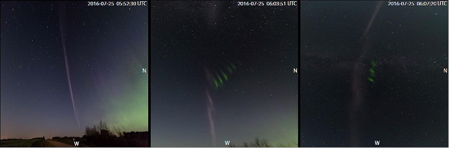 Figure 85: An observation of the subauroral arc (purple) known as STEVE, recorded on 25 July 2016 (05:51 to 06:10 UT) from Regina, Saskatchewan. The arc is located ~4º equatorward of the main auroral oval [green glow, bottom right in (A) and(B)] and runs across the sky in the east-west direction. Small green auroral features, resembling a picket fence, are also observed in (B) and (C). All images in the sequence can be found in the video linked to in the Supplementary Materials (image credit: STEVE Study Team)