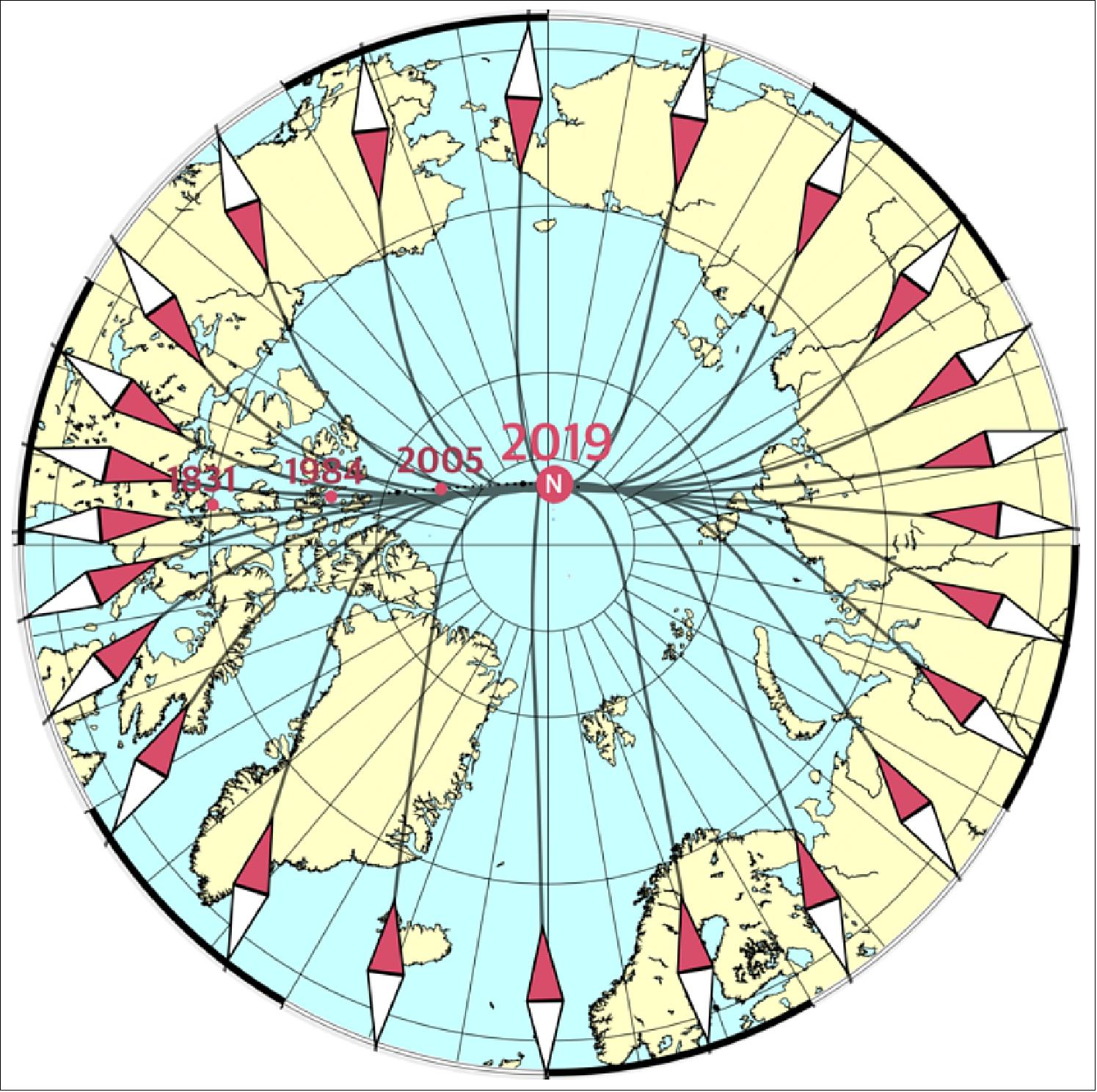 Figure 74: Magnetic north on the move. Driven largely by the churning of fluid in Earth’s core, which generates the magnetic field, the magnetic north pole has always drifted. Around 50 years ago, the pole was ambling along at around 15 km a year, but now it is charging ahead at around 55 km a year, leaving the Canadian Arctic heading towards Siberia (image credit: DTU Space)