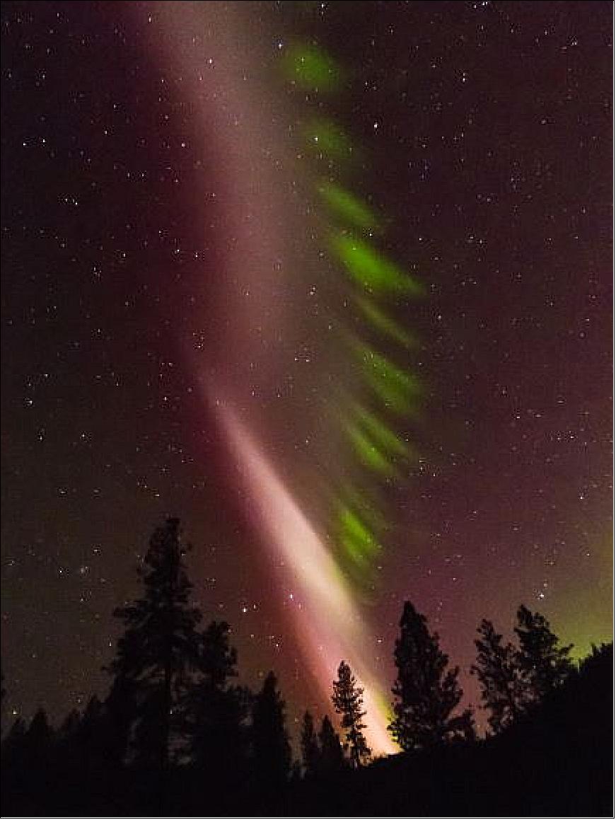 Figure 72: Amateur astronomer’s photograph used in the new research. The photograph was taken on 8 May 2016 in Keller, Washington The major structures are two bands of upper atmospheric emissions 160 km (100 miles) above the ground, a mauve arc and green picket fence. The black objects at the bottom are trees. The background star constellations include Gemini and Ursa Major (image credit: Rocky Raybell)