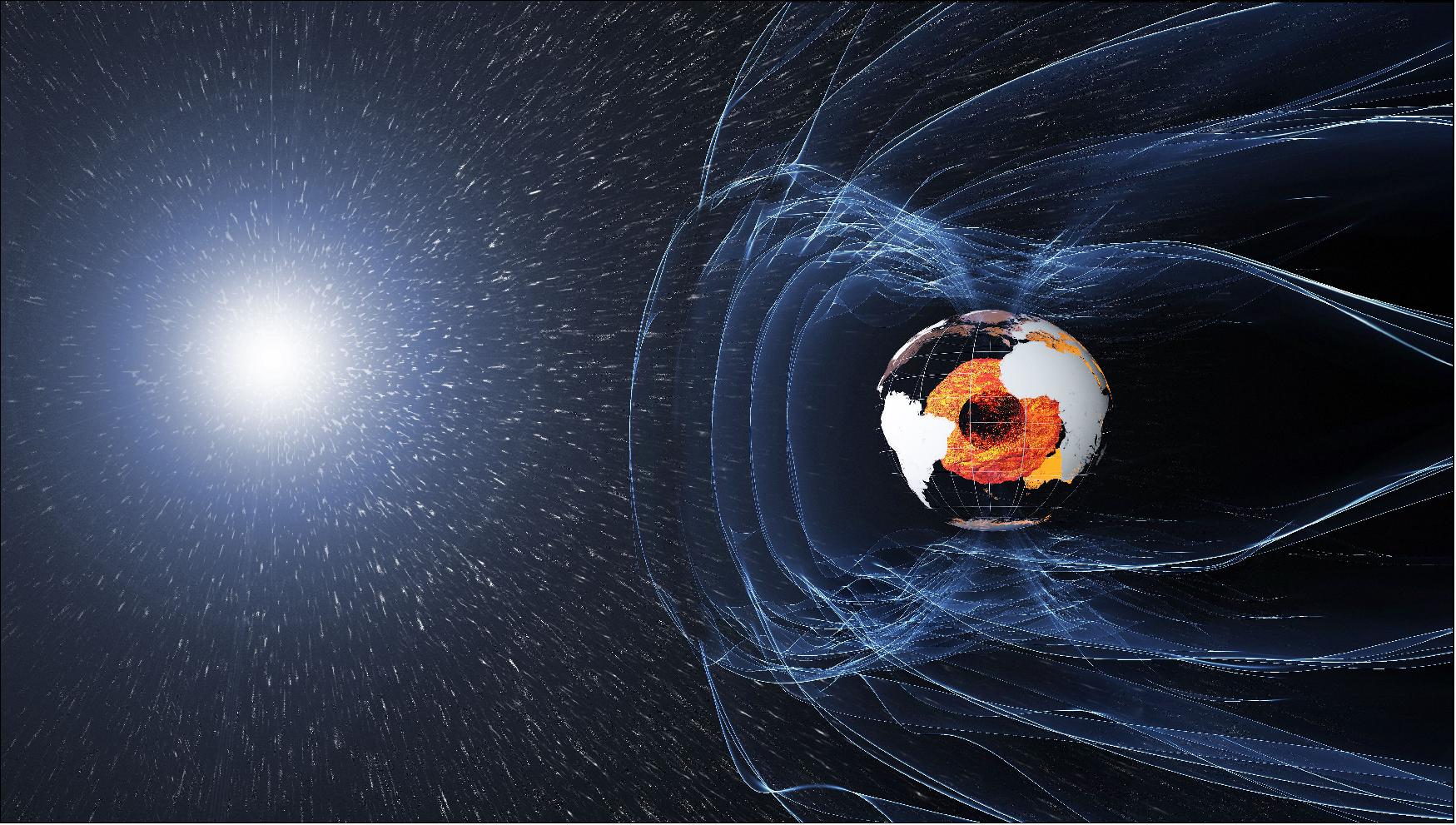 Figure 71: The force that protects our planet. The magnetic field and electric currents in and around Earth generate complex forces that have immeasurable impact on every day life. The field can be thought of as a huge bubble, protecting us from cosmic radiation and charged particles that bombard Earth in solar winds (image credit: ESA/ATG medialab)