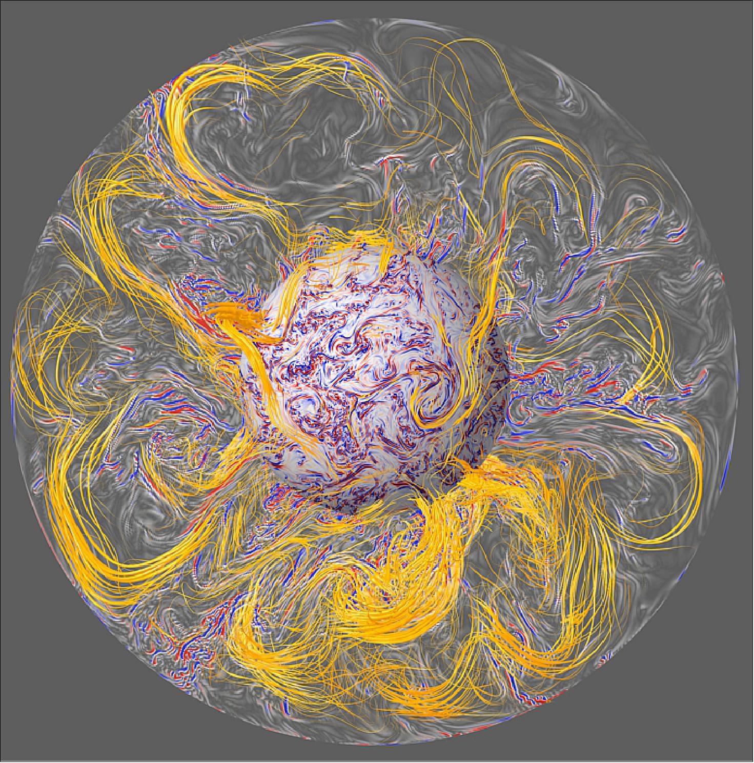 Figure 69: Simulation of the magnetic field in Earth’s core. Earth’s core as modelled in the numerical geodynamo simulation as part of research into geomagnetic jerks and rapid hydromagnetic waves published as the cover story in Nature Geosciences, May 2018. The magnetic field lines (orange) are stretched, twisted and folded by the turbulent convection producing shear of electrically conducting fluid (red and blue). Hydromagnetic waves are triggered when the shear is misaligned with field lines, and propagate along these lines to the surface of the core where they can focus and cause geomagnetic jerks (image credit: Julien Aubert, IPGP/CNRS/CNRS Photothèque)