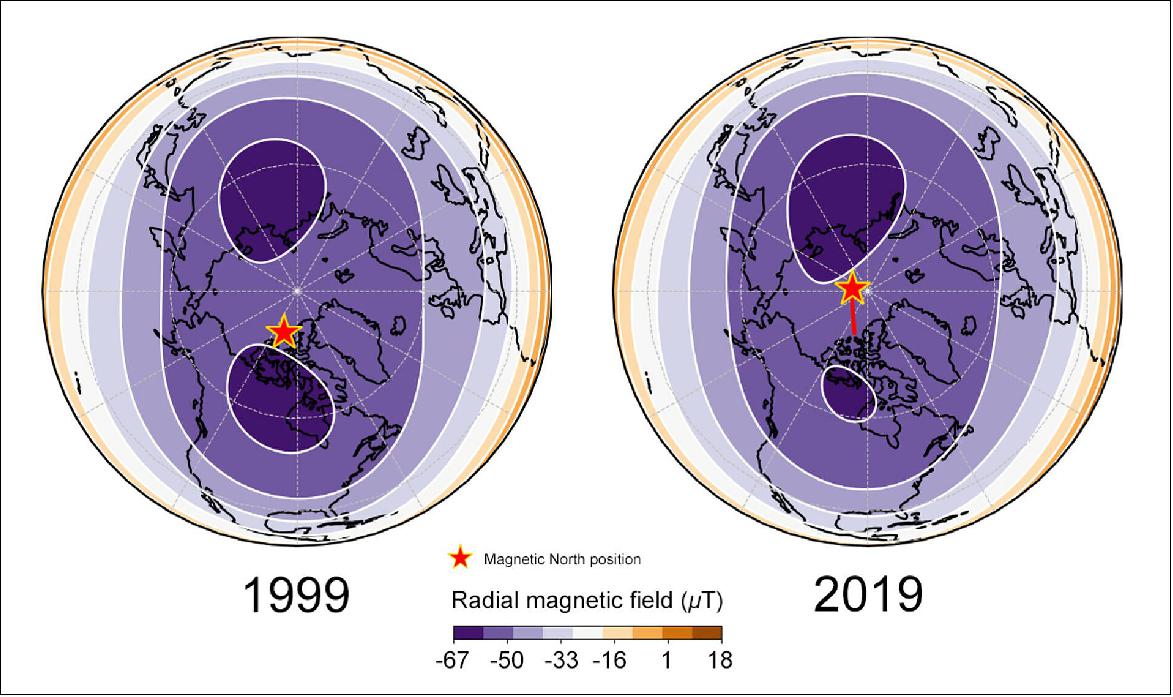 Figure 65: Tug between magnetic blobs. Unlike our geographic north pole, which is in a fixed location, magnetic north wanders. This has been known since it was first measured in 1831, and subsequently mapped drifting slowly from the Canadian Arctic towards Siberia. However, since the 1990s, this drift has turned into more of a sprint – going from its historic wandering of 0–15 km a year to its present speed of 50–60 km a year. Using satellite data, including from ESA's Swarm mission, have concluded that this is down to competition between two magnetic blobs on the edge of the Earth's outer core. Changes in the flow of molten material in the planet's interior have altered the strength of the above regions of negative magnetic flux. The image shows how the strength of the magnetic patch over Canada has weakened and how the position of the north magnetic pole has changed between 1999 and 2019 (image credit: P. Livermore)