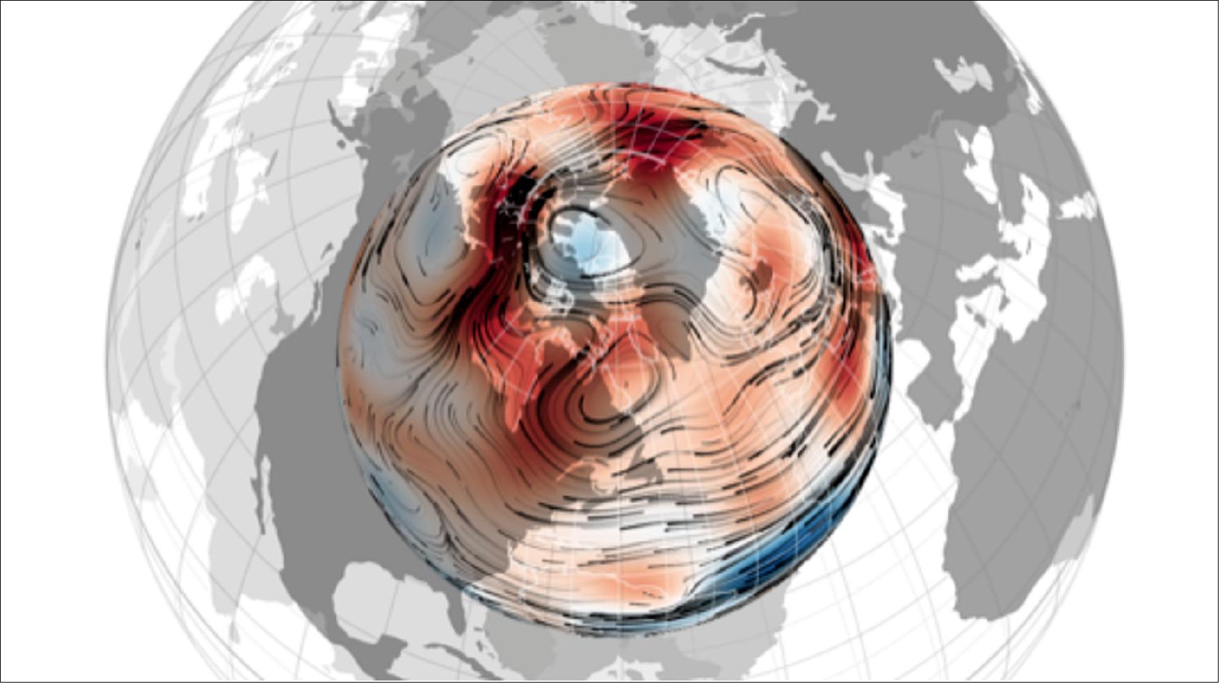 Figure 62: Swirling iron. Changes in the flow of molten material in the planet's interior have altered the strength of the above regions of negative magnetic flux. The image shows the pattern of flow in Earth’s outer core inferred by satellite data, including ESA’s Swarm mission, of the magnetic field. The image was supplied by Dr Nicolas Gillet from the University of Grenoble. The research is partially supported by the French Space Agency CNES (image credit: N. Gillet)