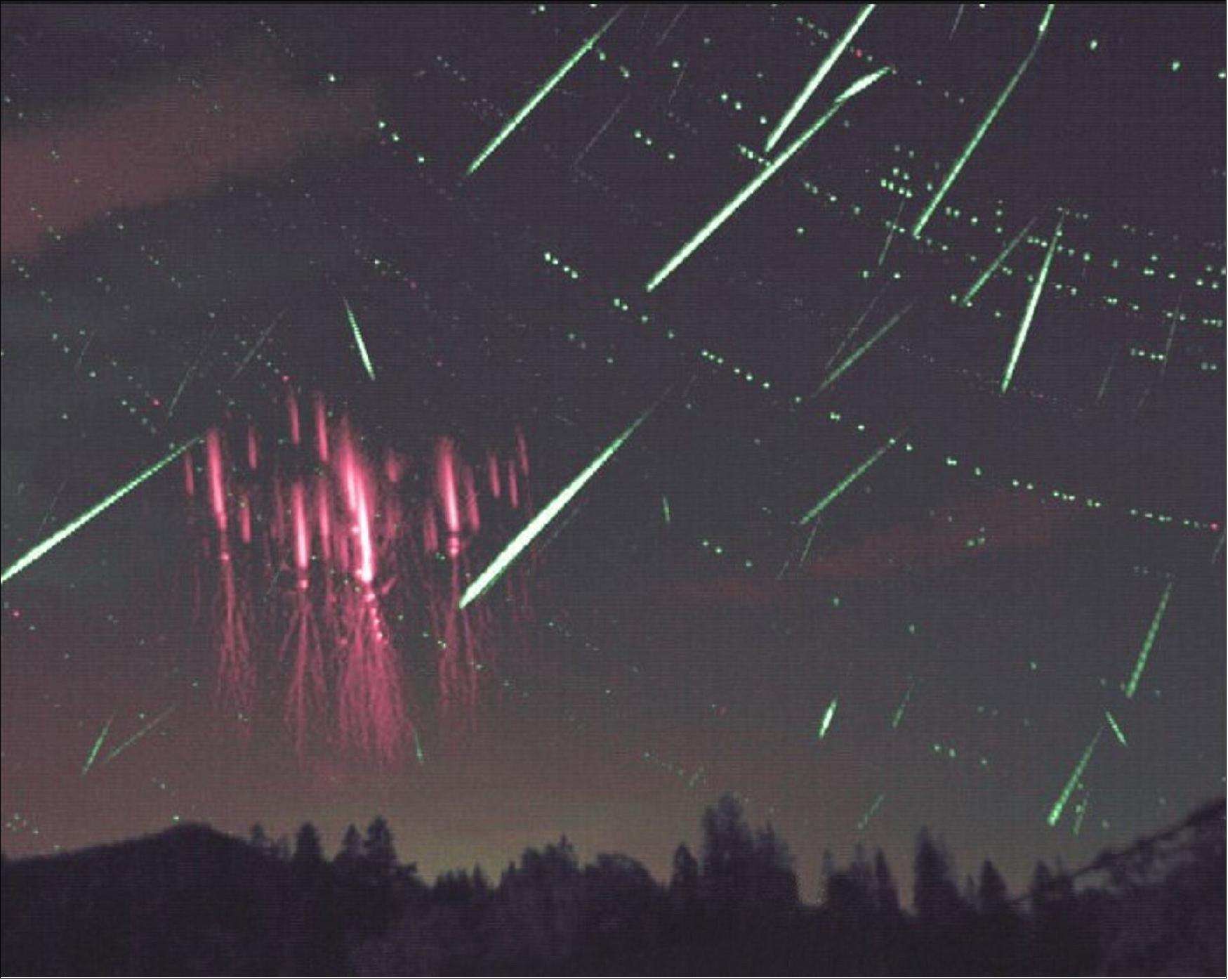 Figure 53: Sprites and presides over the Czech Republic. Sprites and presides observed in the countryside near Nýdek. Although ESA’s Swarm mission did not record this particular event, the photo, taken by Martin Popek, shows how breathtaking these transient luminous events (TLEs) are. Martin first captured TLEs on 22 May 2011 and has since observed 3781 events – most of which were in 2017. The average number of TLEs per active storm is 9.87 and 11.28 per observation night. More images can be found on Martin’s webpage.