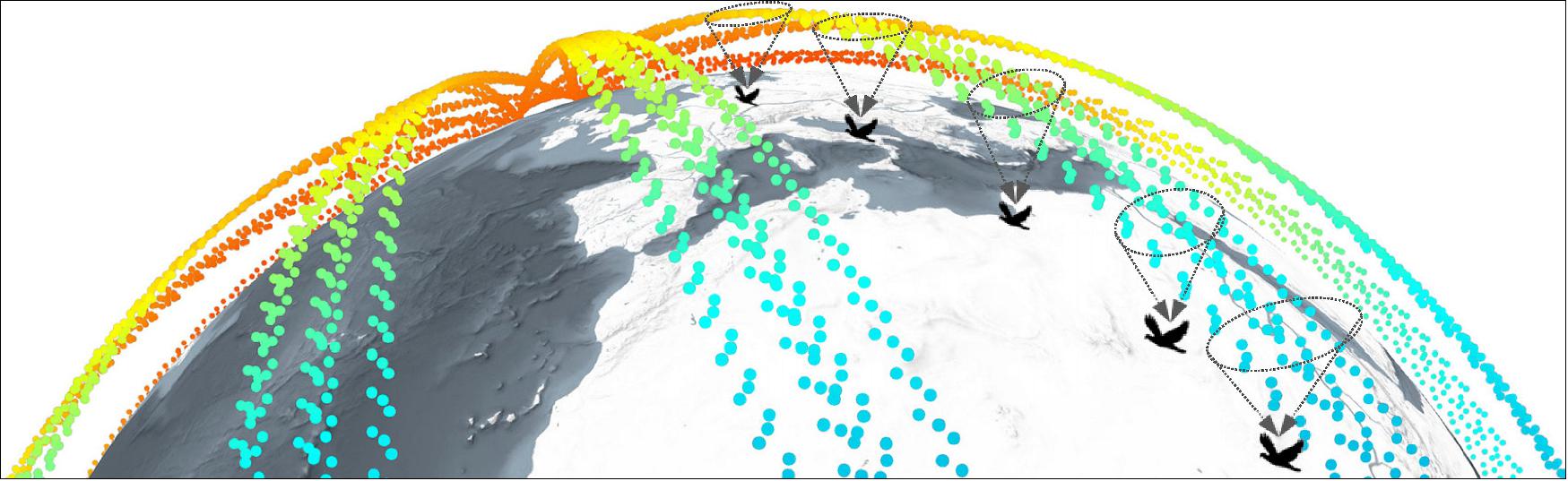 Figure 49: Data from Swarm overpasses with GPS tracking points of migratory animals (image credit: Urška Demšar, University of St Andrews)