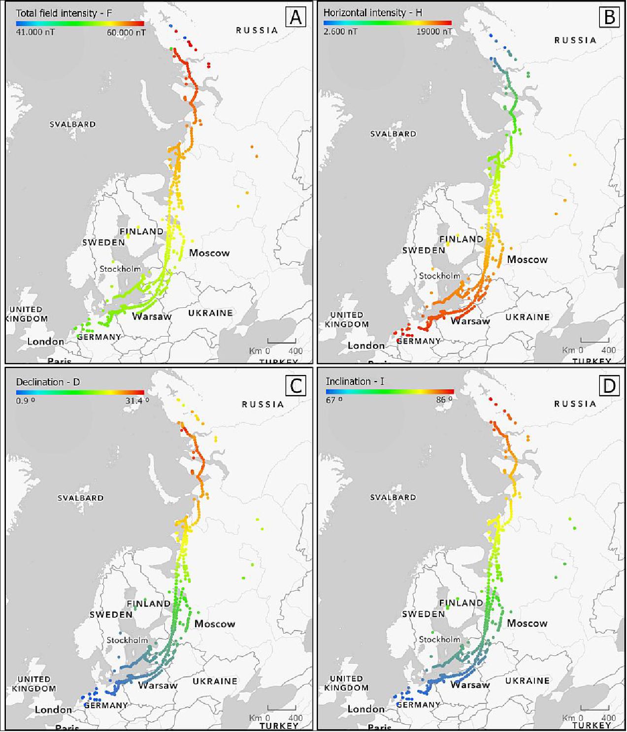 Figure 48: Geomagnetic intensity along migratory paths of white-fronted geese. The image shows the values of geomagnetic intensity that the geese encountered on their journeys. These maps show real values that the geese encountered on their migration from Siberia to Germany (image credit: Urška Demšar, University of St Andrews)