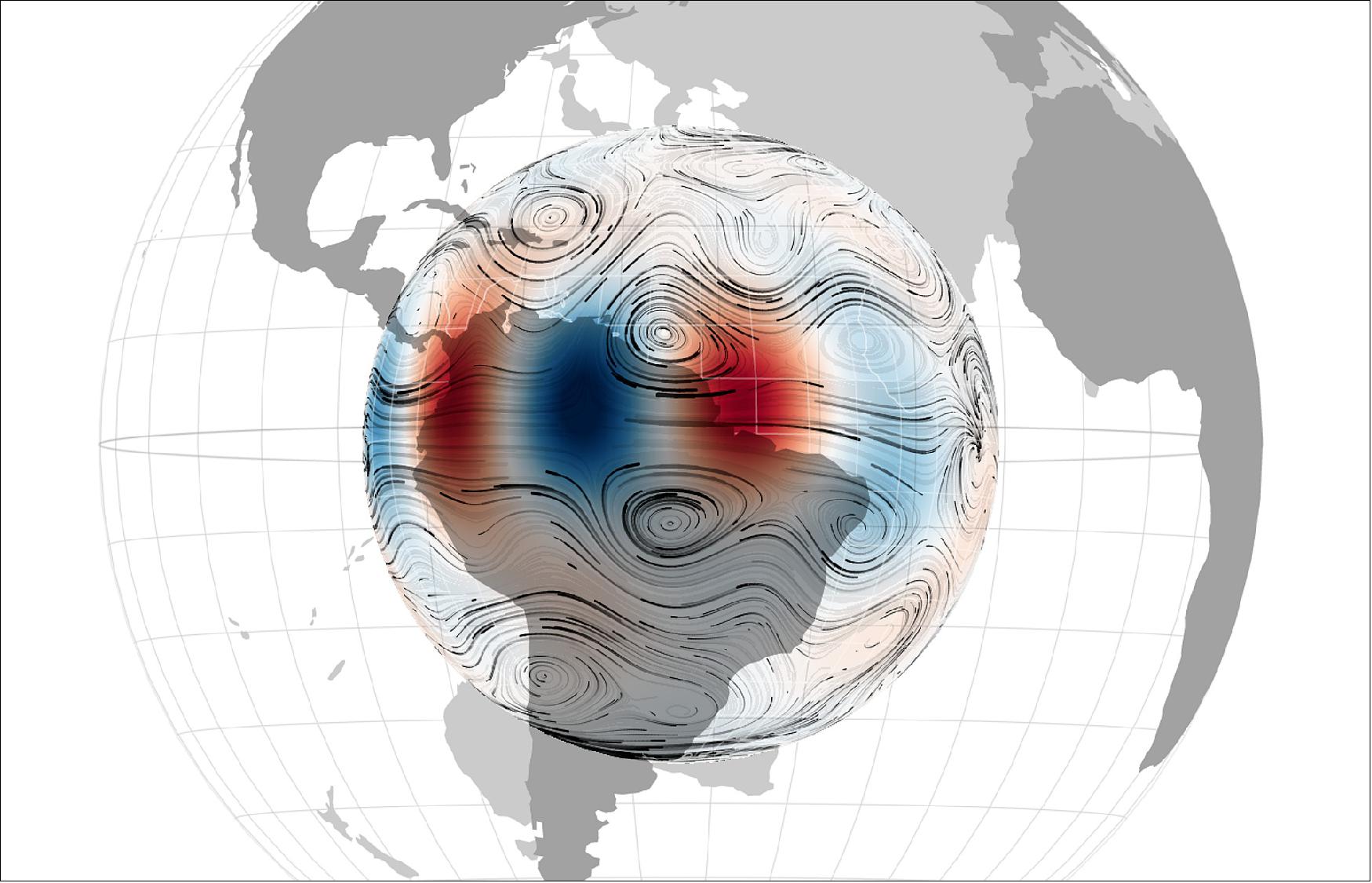 Figure 40: Magnetic waves across Earth’s outer core. These waves align in columns along Earth’s axis of rotation. The motion and magnetic field changes associated with these waves are strongest near the equatorial region of the core (image credit: University Université Grenoble Alpes)