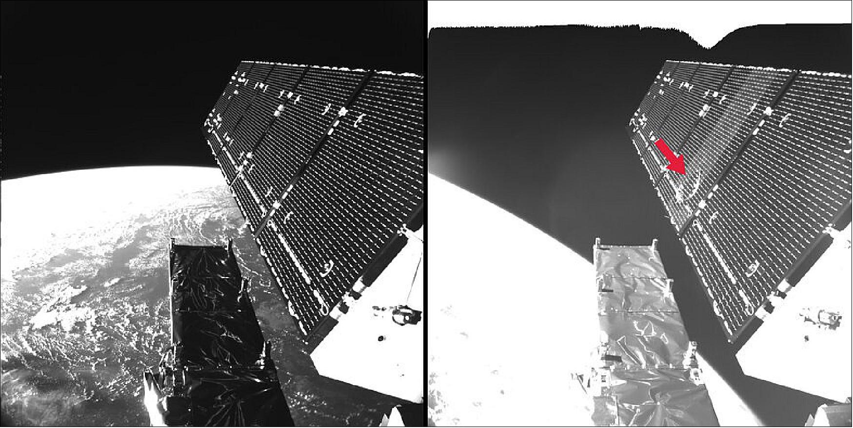 Figure 34: The picture shows Sentinel-1A’s solar array before and after the impact of a mm-size particle on the second panel. The damaged area has a diameter of about 40 cm, which is consistent on this structure with the impact of a fragment of less than 5 mm in size (image credit: ESA)