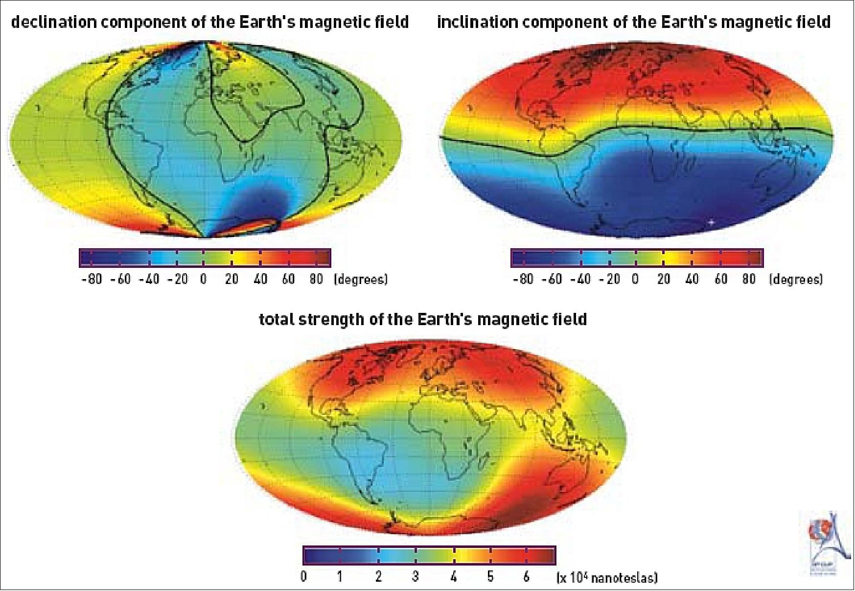 Figure 4: Map of the geomagnetic field strength at the surface of the Earth derived from the model produced using data from the Oersted satellite (image credit: LETI) 21)