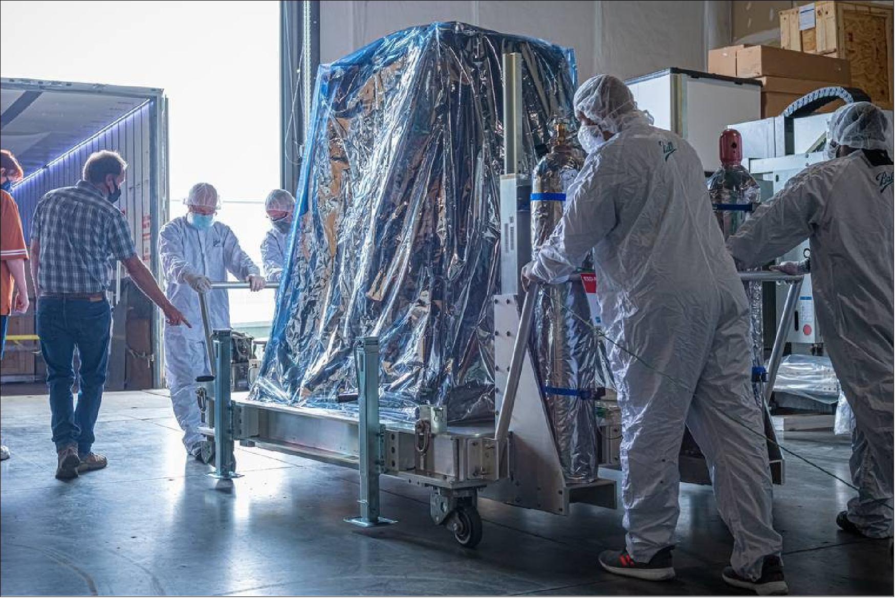 Figure 6: A crew at Ball Aerospace in Broomfield, Colorado, rolls the TEMPO satellite instrument onto a truck for shipment to Maxar Technologies' satellite manufacturing facility in Palo Alto, California (image credit: Ball Aerospace)